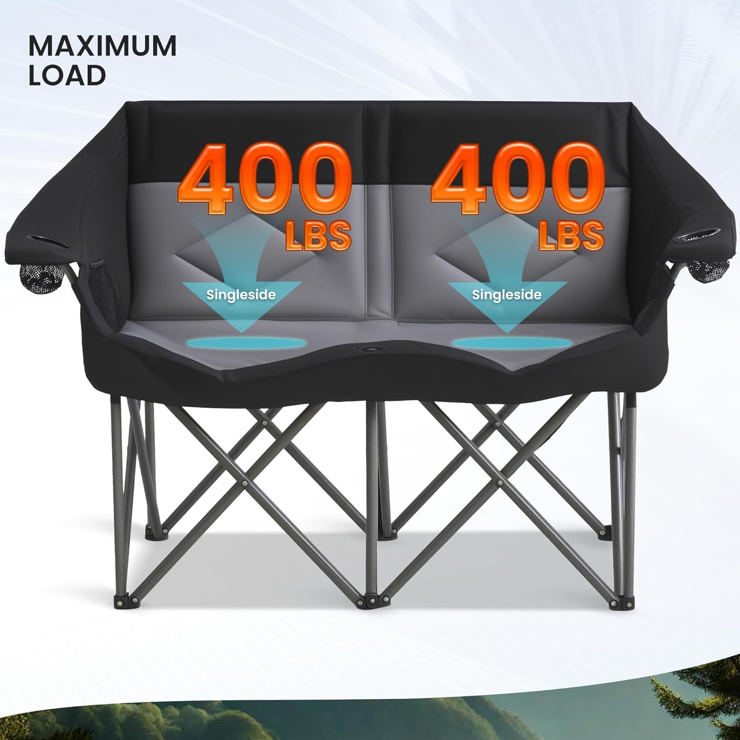 Foldable Double Camping Chair, Heavy Duty 800 LBS Capacity with 2 Cup Holders & Side Pocket for Outdoor Camping, Picnic (Black & Gray)