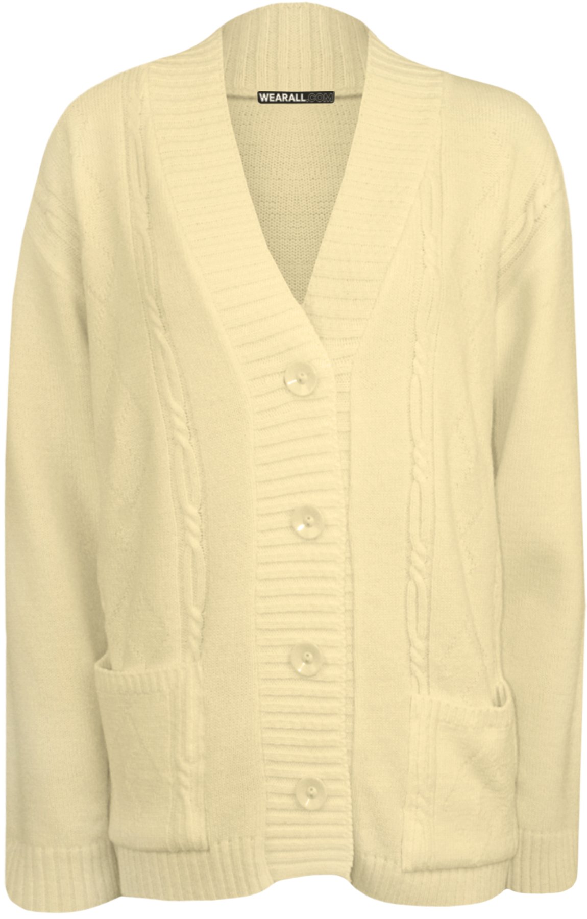 WearAll Plus Size Womens Button Long Sleeve Pocket Top Ladies Knitted Cardigan - Cream - 20-22