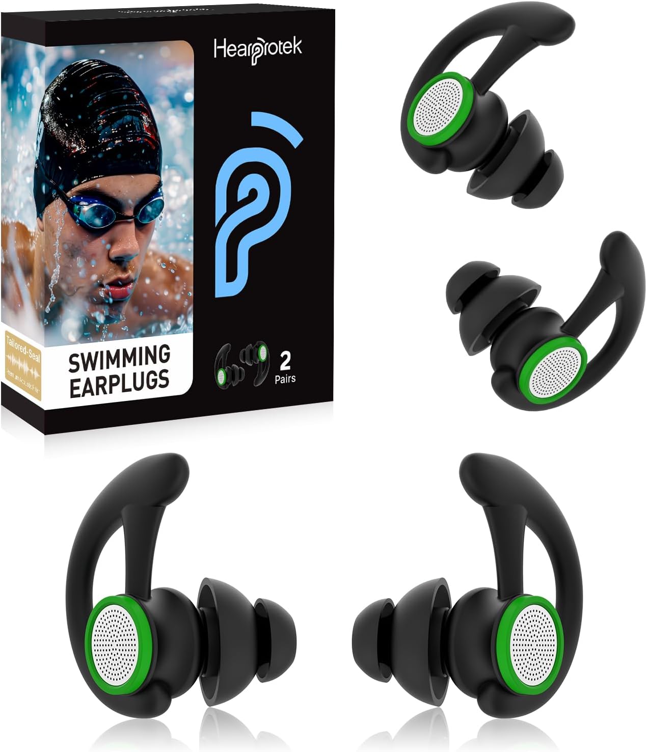 Ear Plugs for Swimming – 2 Pairs Soft Silicone Reusable Waterproof Earplugs for Adults & Men Women, Custom Fit for Swimmers Ear, Pool, Beach, Snorkeling, Surfing, Kickboard Training(Black)
