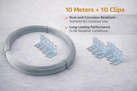 Suspended Ceiling Grid GALVANISED Coil Wire 10 Meter Hanging Fencing Tension 2MM Metal Wire with 10 Hanging Brackets Clips for Frame