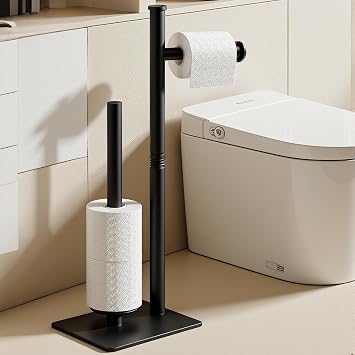 Toilet Paper Holder Stand, Bathroom 23.6 Inch Toilet Paper Storage Standing Modern Matte Black SUS304 Stainless ToiletPaper Freestanding Roll Stand for 4 Rolls