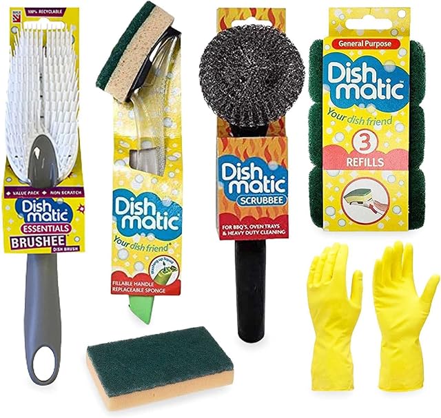 Washing Up Brush Set - for Dish Kitchen Sink Pot Pan Scrubbing with Durable Bristles Includes - Dishmatic Fill & Clean Sponge, Stainless Steel Scourer, General Purpose Brush, Refill, Glove and Sponge