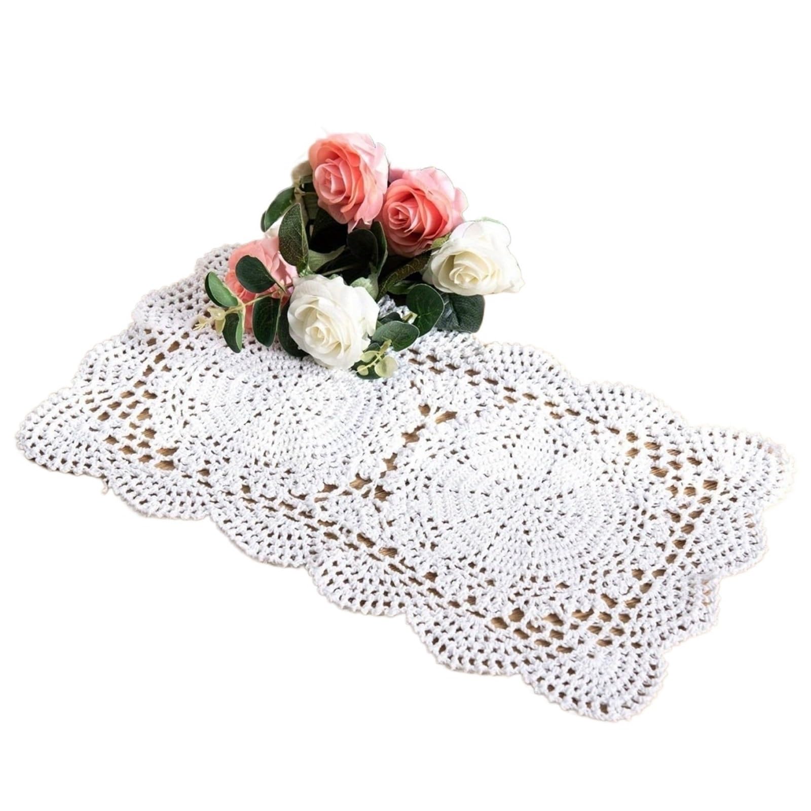 Cotton Coasters 2pcs Rectangle Crochet Lace Cotton Doily Handmade Table Coaster Placemat(White)