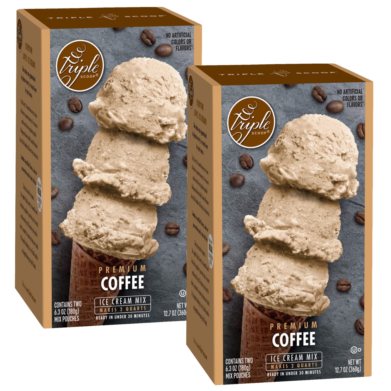 Triple Scoop - Premium Coffee (2) Ice Cream Mix For Ice Cream Maker. Simple, Easy, Delicious. From Gourmet Mix To Maker in 5 Minutes, Makes 2 Creamy Quarts, Made in USA. (2 Pack, Coffee)