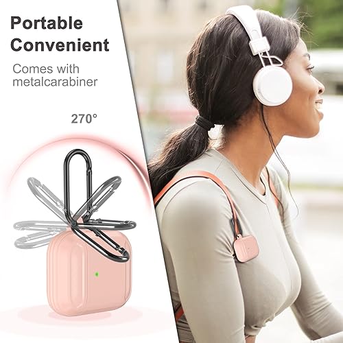 Miniatura 6 de ORIbox Funda de fibra de carbono diseñada para Apple AirPods 1 y AirPods 2, funda protectora completa con llavero, color rosa