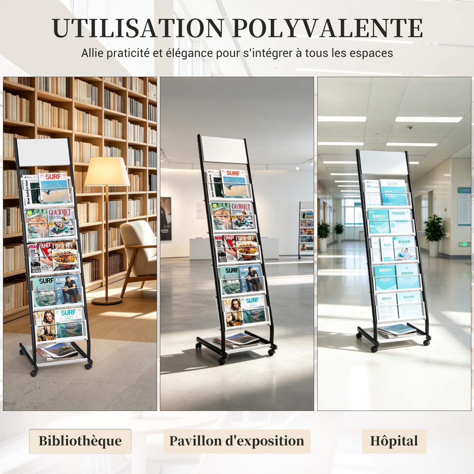 SUNDOY Portariviste su ruote a 5 livelli, espositore per riviste e cataloghi su piedistallo, supporto mobile per ufficio, fiere, casa e casa (5 strati, larghezza 32,5 cm)