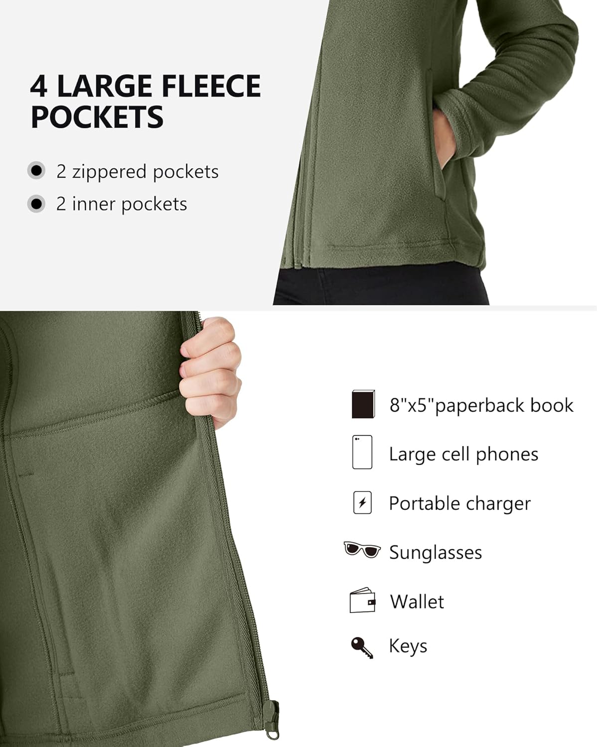 Outdoor Ventures Women's Lightweight Warm Zip Up Long-Sleeve Soft Polar Fleece Jacket for Fall Winter - Image 3