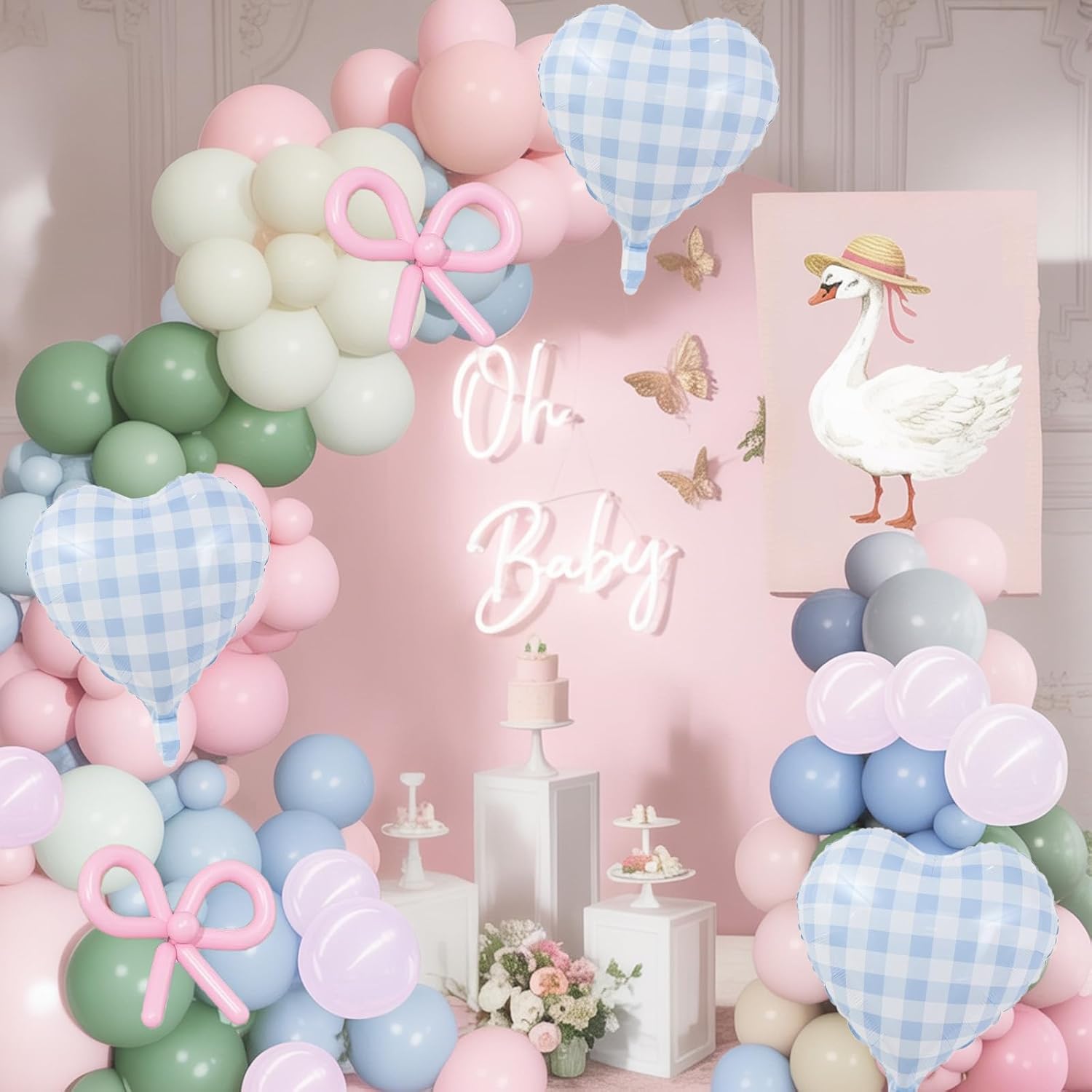 Silly Goose Balloon Arch Kit, Pink Blue Green Latex Balloon Garland Kit Gingham Heart Foil Balloons for Boys Girls Goose Birthday Baby in Bloom Baby Shower Floral Fairy Wildflower Party Decorations - Image 8