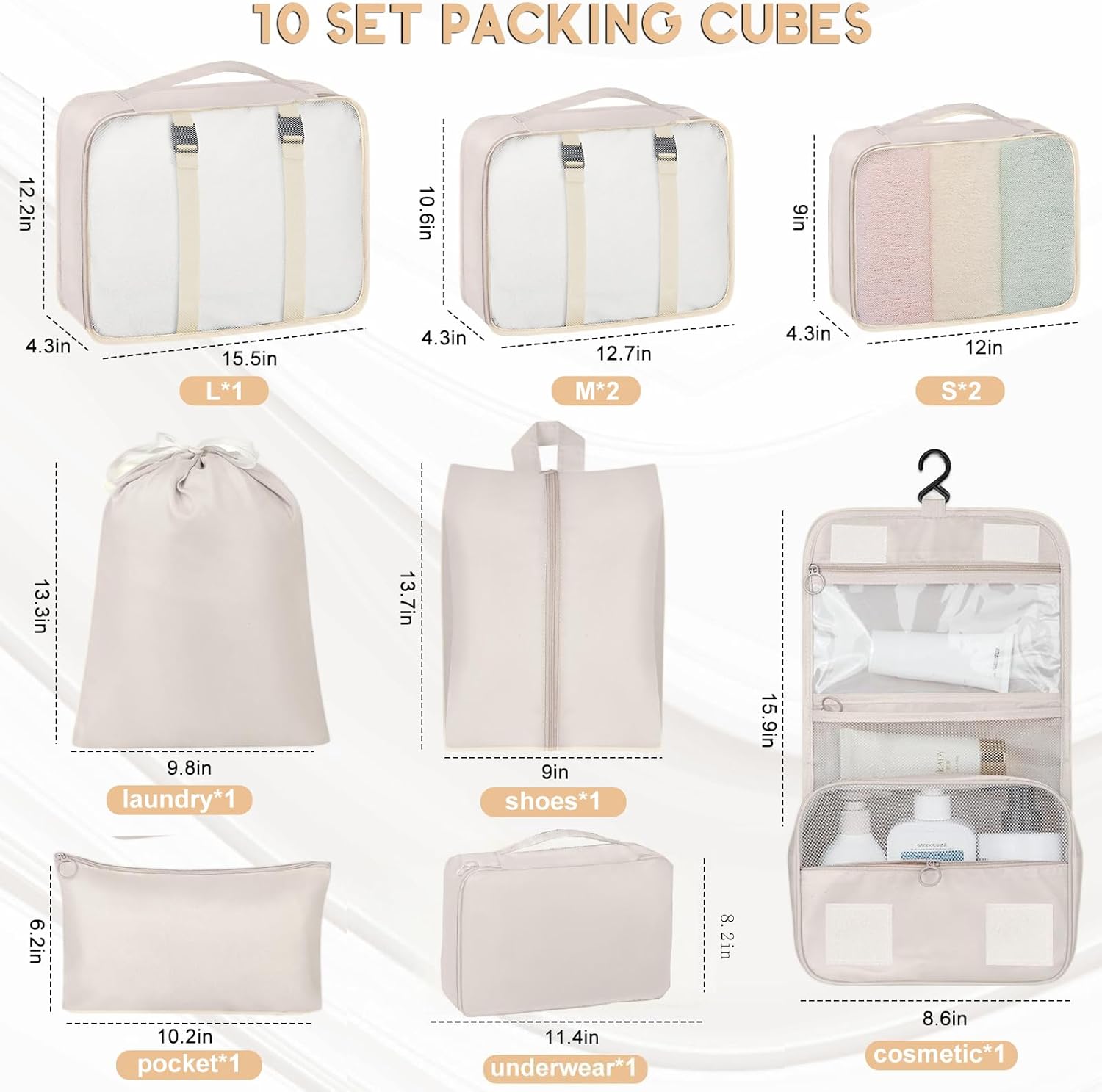 10 Set Packing Cubes for Travel, Travel Packing Cubes with Hanging Toiletry Bag and Shoe Bag, Suitcase Luggage Organizer Bags for Travel Essentials Women Men - Image 2