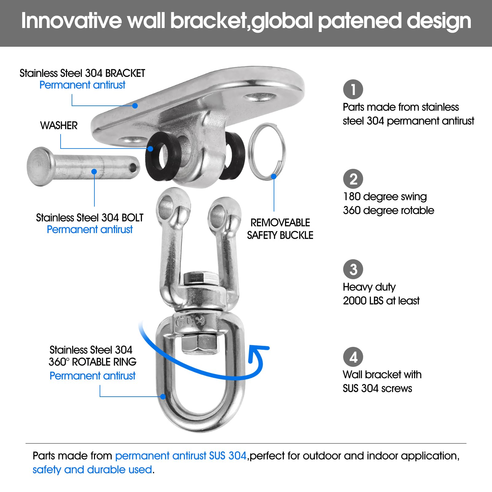 2Pcs2000 lbs Load Capacity 304 Stainless Steel Swing Bracket Porch Swing Hanging Kit 180°C Front and Back Rotation & 360°C Rotation for Swing Set Accessories, Playground, Yoga Hammock, and More