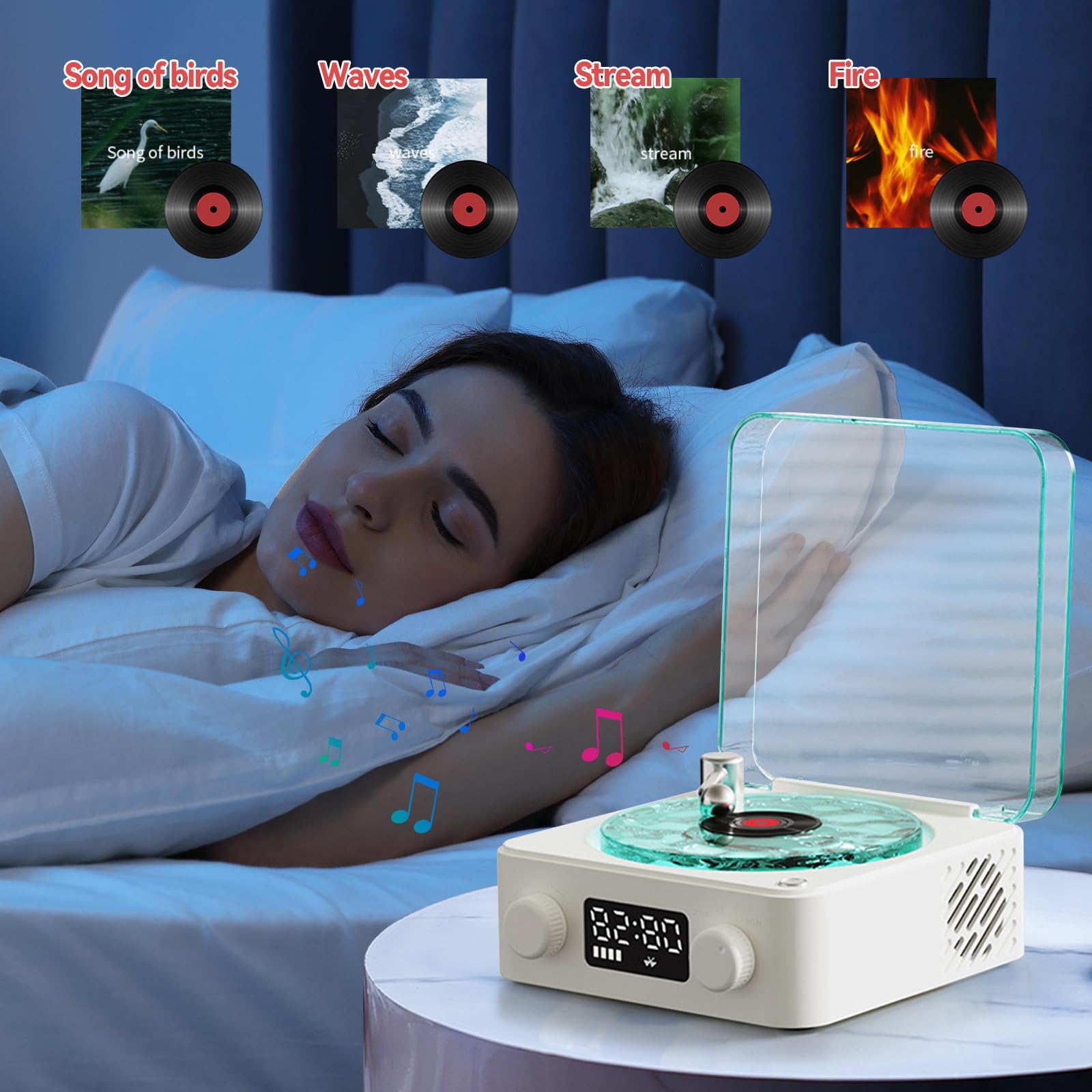 Waves - Altoparlante in vinile Bluetooth, con luce RGB e effetto onde d'acqua, 3 modalità stereo, con 4 suoni della natura, compatibile con scheda TF e modalità AUX (bianco)