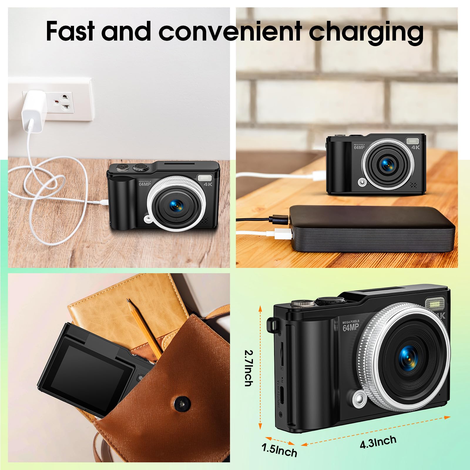Digitalkamera, 4K 64 MP Kompakt-Digitalkamera mit Autofokus und Makrofunktion, 180°-Klappbildschirm, tragbare Selfie-Kamera für Fotos und Videos mit 32 GB SD-Karte für Anfänger und Jugendliche