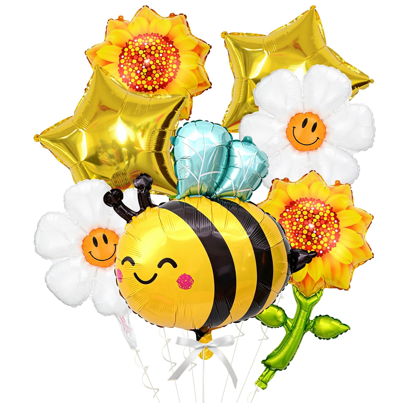 7pcs Bee and Daisy Flower Balloons, Cute Smiling Honeybee Foil Balloons, Bee Theme Party Supplies for Birthday Decorations，E