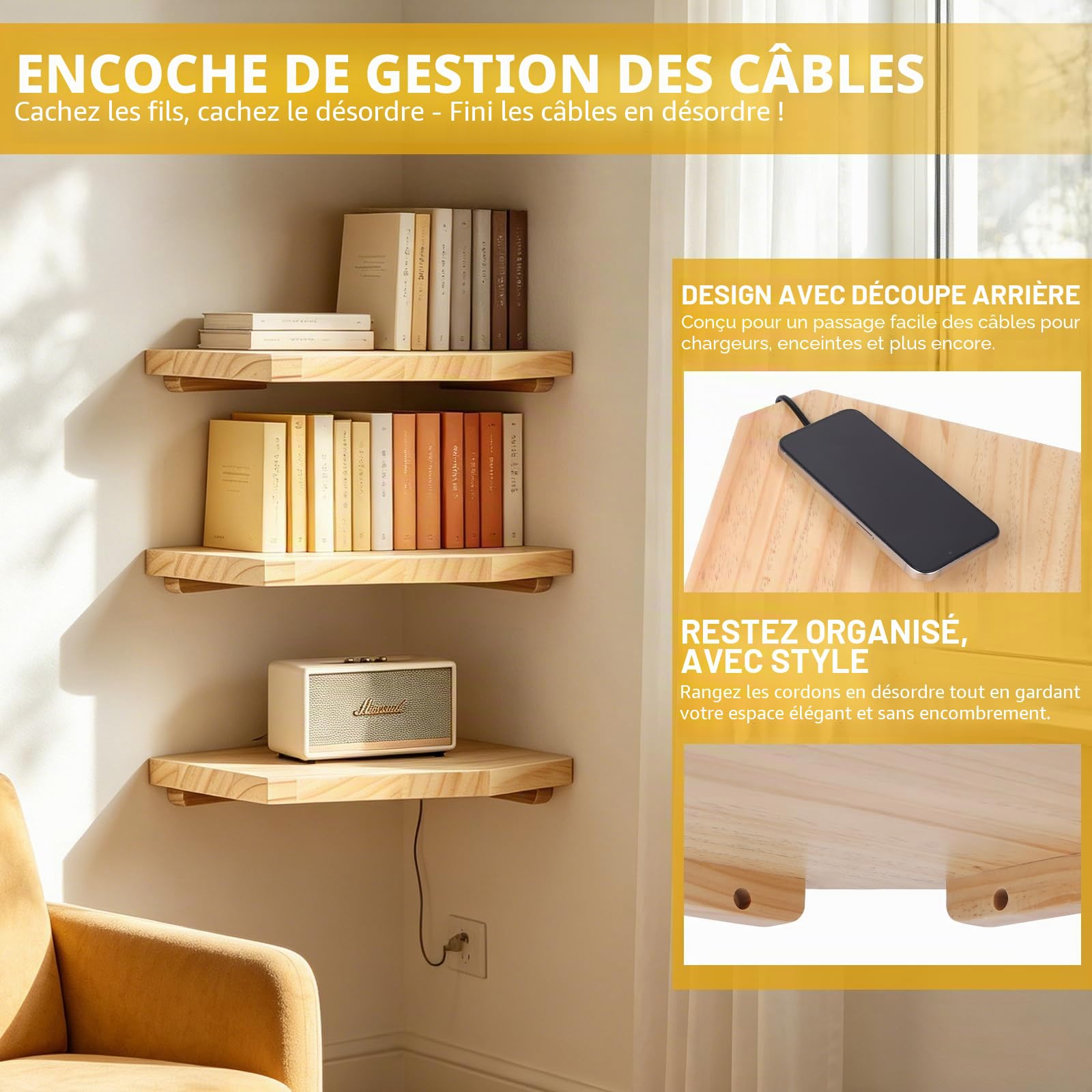 lalago 3 Pièces Étagère d'angle Suspendue 28,5cm, Étagère d'angle en Massif Couleur Bois Naturel, Extrémités Rondes Murale Bois pour Salle de Bain, Cuisine, Chambre à Coucher, Salon