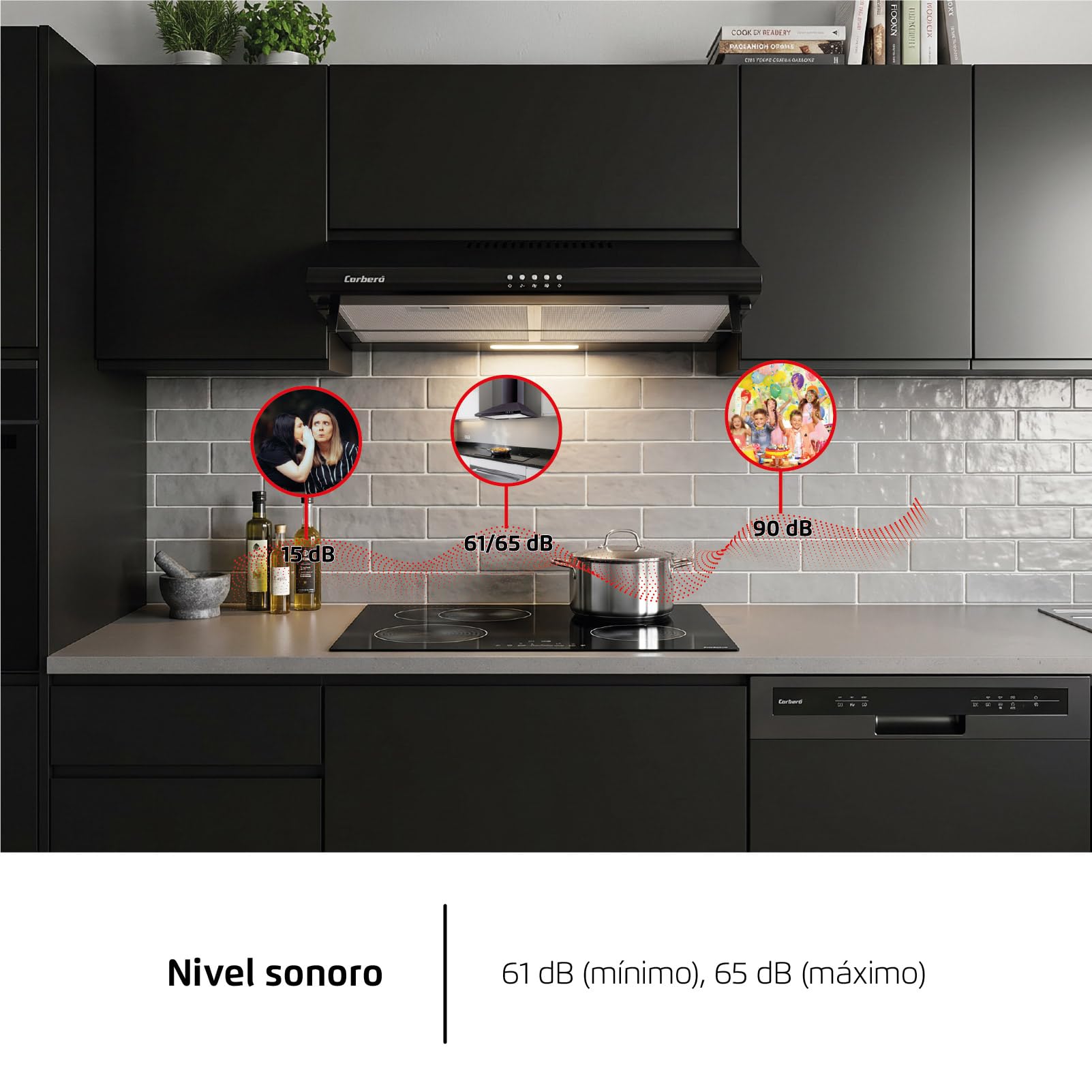 Corberó SELATI640B Okap konwencjonalny, 60 cm, Przepływ 400 m3/h, Kolor Czarny, 191,5 W, 3 Prędkości, 2 X Filtr Aluminium, Filtr węglowy, Efektywność energetyczna D