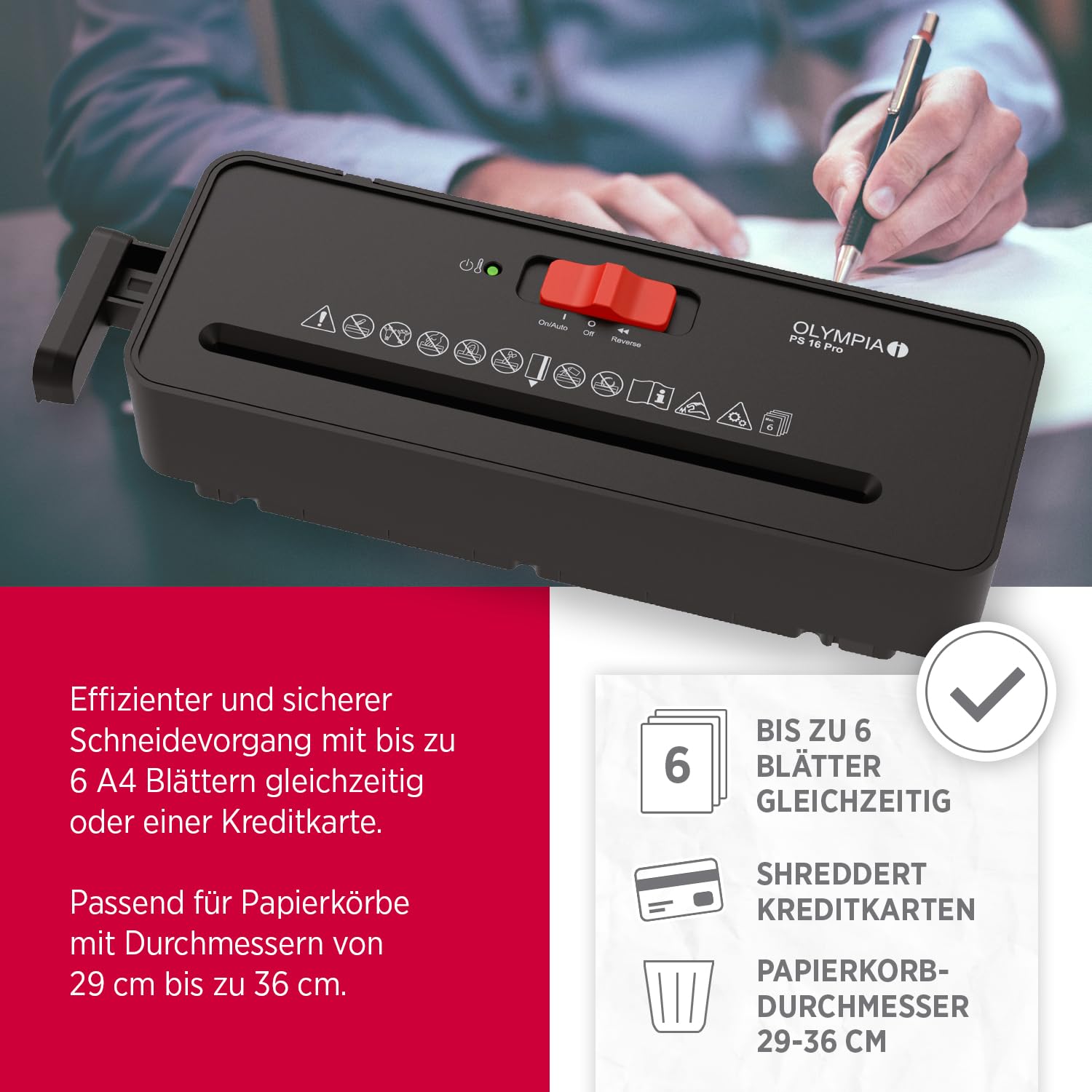 OLYMPIA PS 16 Pro trituratore documenti nero | Trituratore di carta compatto per la casa | Trituratore a strisce | Shredder carta | dispositivo di triturazione carta