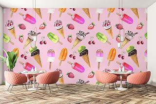 Delicious Ice Cream Wall Wallpaper, Pink Background Removable High Resolution Decor Paintings, Self-Adhesive 3D Mural for Dining Room Sofa Background Wall Living Room 135''Wx101''H