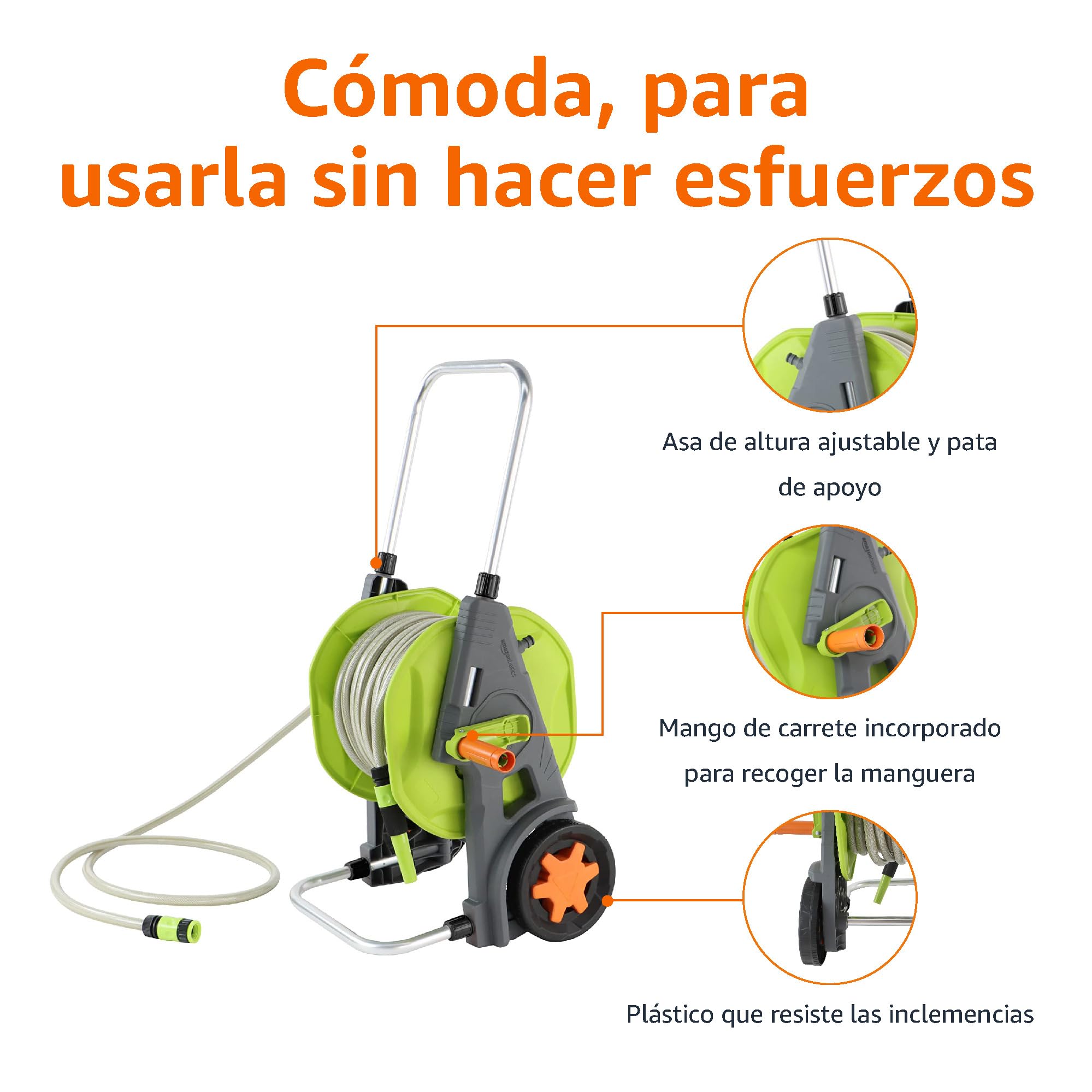Amazon Basics Portamangueras enrrollable de plástico, con manguera de 30 m, Verde/Gris