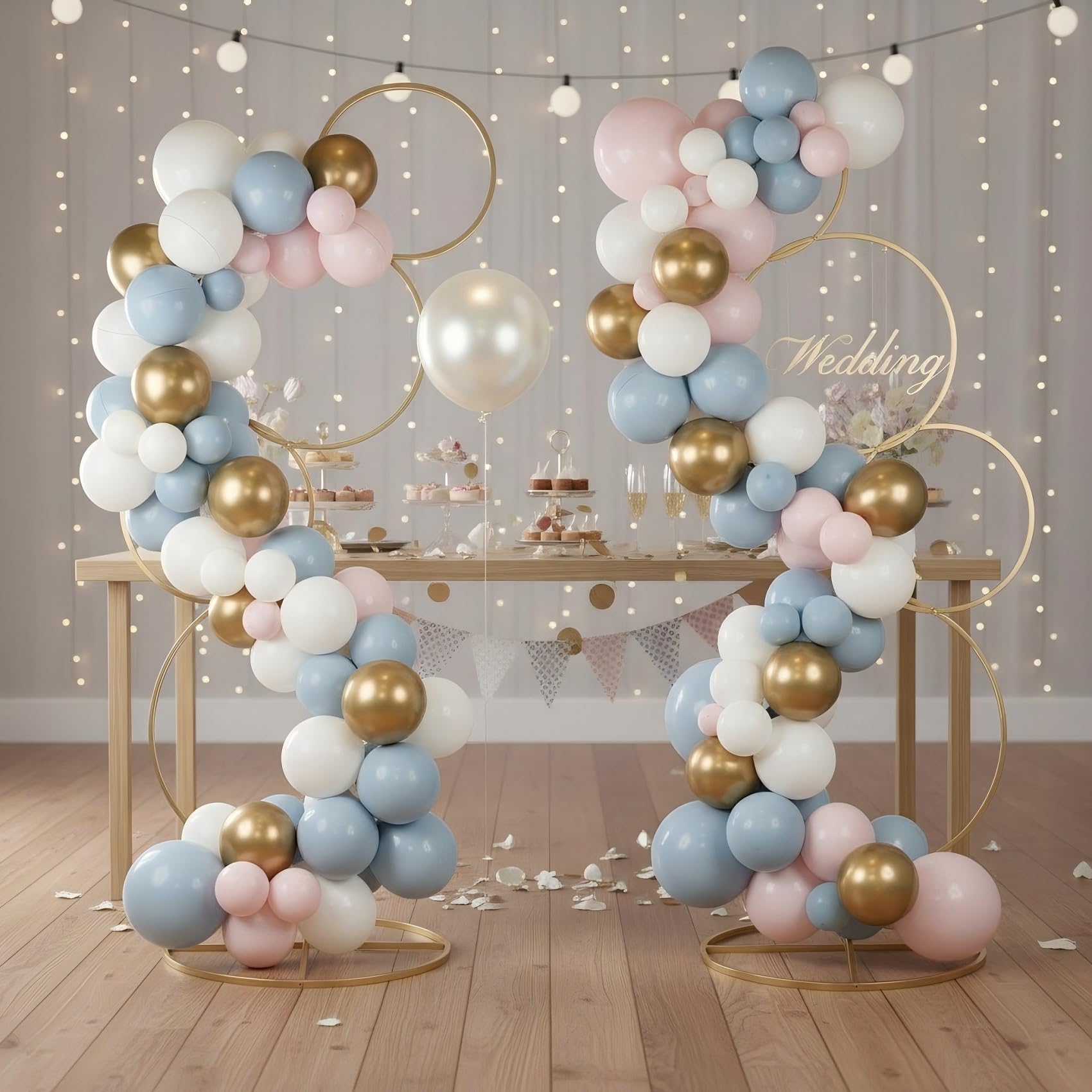 Soporte de arco de boda redondo dorado de 5 pies, marco de arco de flores de metal de 4 niveles para fondo de cabina de globos de fotos, 2 soportes de flores para centro de mesa de boda