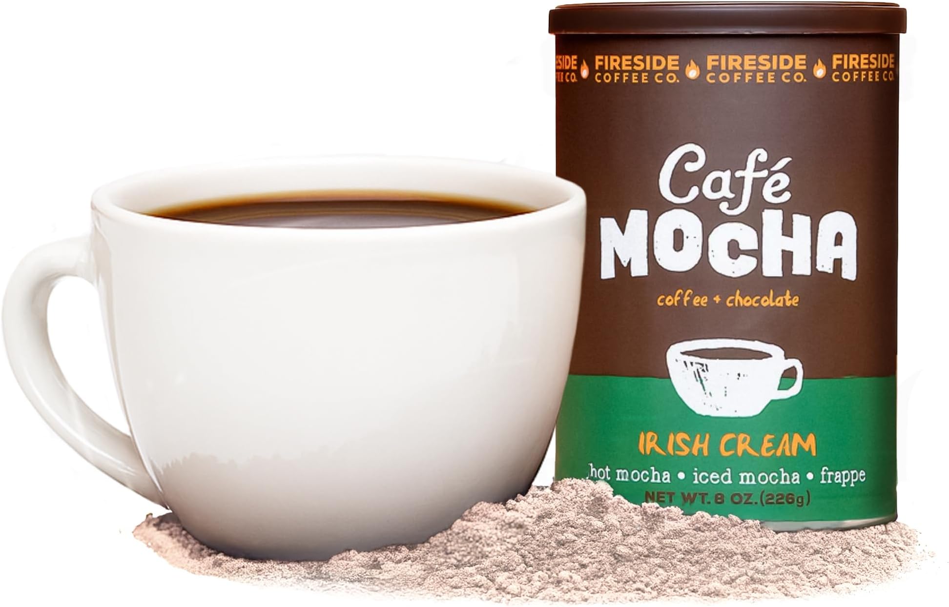 Fireside Coffee Irish Cream Cafe Mocha - Premium Instant Coffee Chocolate Blend - Versatile Caffeinated Drink Mix for Hot, Iced, Milkshake, and Mocha Frappe Mix, Only Add Water and Enjoy, 8 Ounces