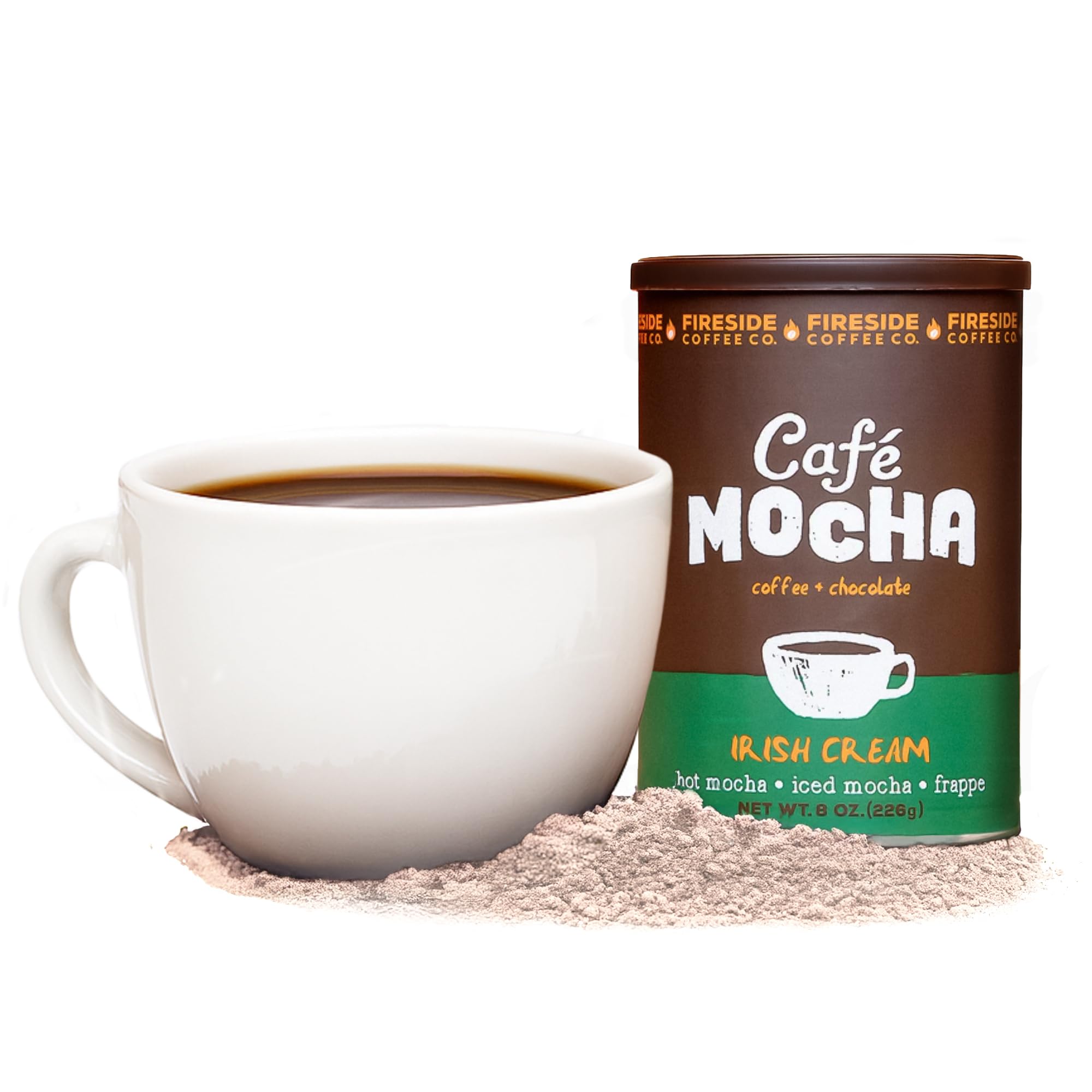 Fireside Coffee Irish Cream Cafe Mocha - Premium Instant Coffee Chocolate Blend - Versatile Caffeinated Drink Mix for Hot, Iced, Milkshake, and Mocha Frappe Mix, Only Add Water and Enjoy, 8 Ounces