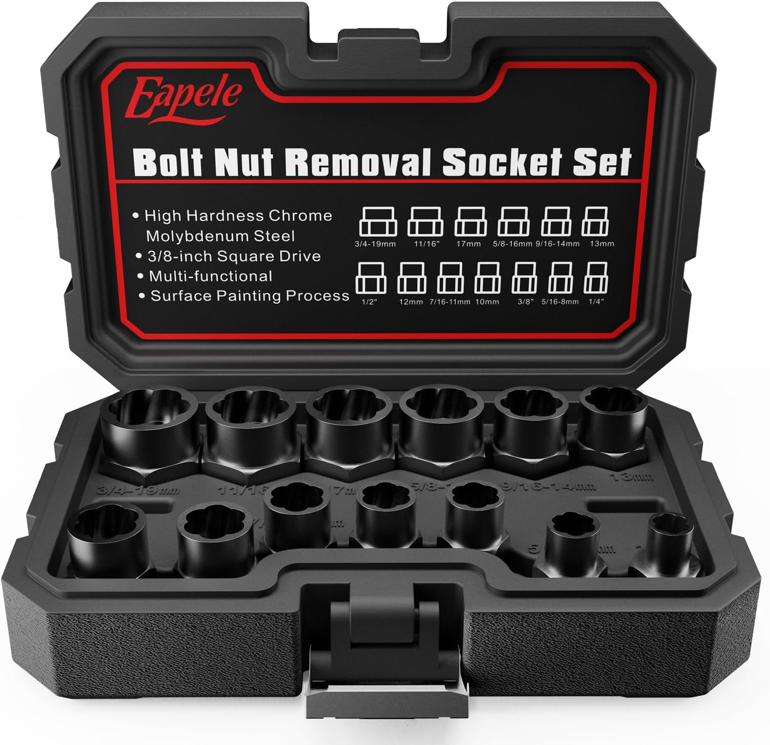 Eapele 13pcs Bolt Extractor Set, Stripped Nut Remover Twist Sockets, Fit 3/8" Square Drive with Solid Storage Case, Stripped Bolt Extractor (13pcs, Black)
