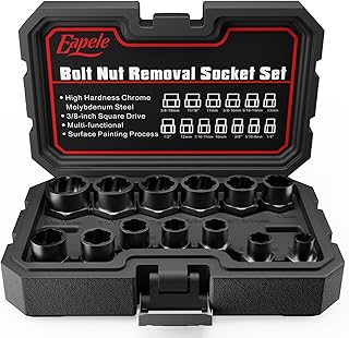 Eapele Bolt Extractor Set, Stripped Nut Remover Twist Sockets, Fit 3/8" Square Drive with Solid Storage Case (13pcs, Black)