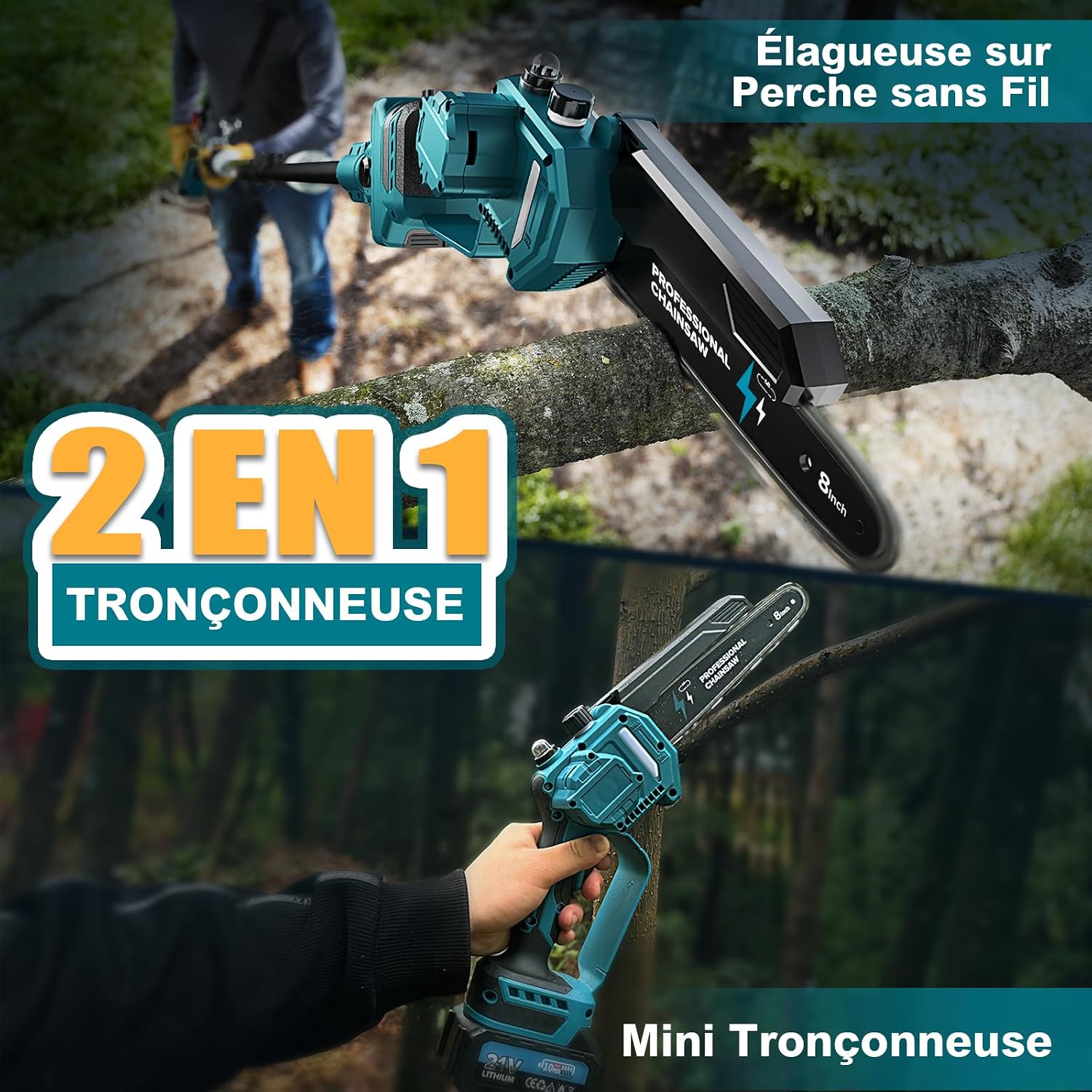 2-en-1 8 Pouces Tronçonneuse Télescopique & Mini Tronçonneuse, Tondeuse Electrique Sans Balais avec 2 Batteries de 4000 mAh, Moteur Brushless, Extension jusqu'à 4.5M — vue 3
