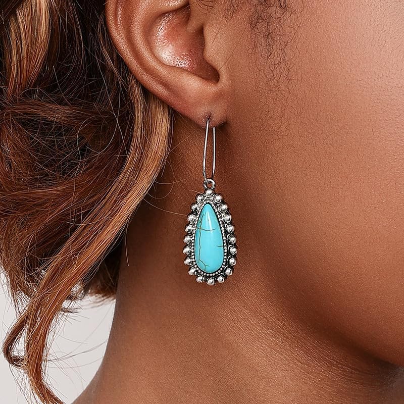 Vintage Turquoise Teardrop Earrings, Antique Silver Beaded Border, Long Hook Dangle, Boho Drop Earrings for Women - Image 2