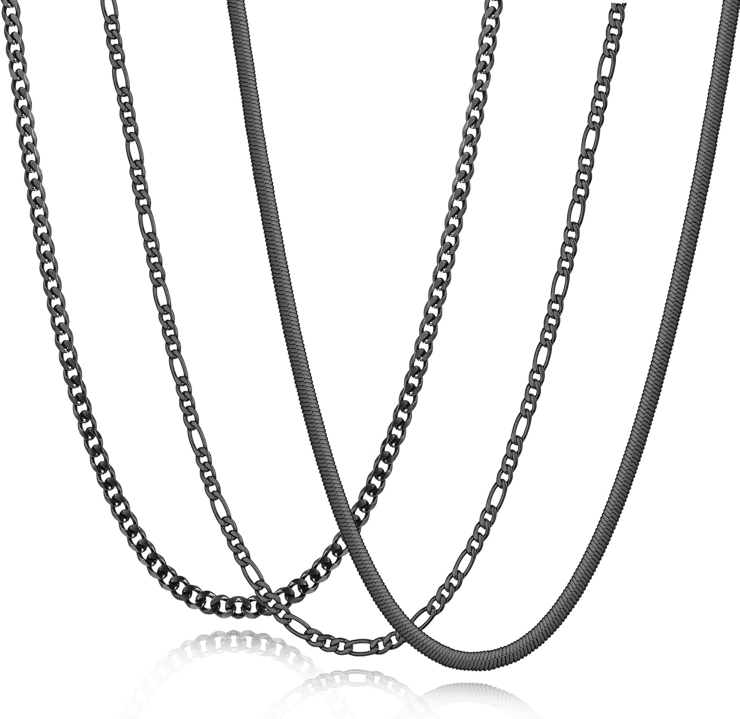 Zocomi 3 PCS Chain Necklace for Men Women, Stainless Steel Cuban Link/Figaro/Herringbone Chains Set Jewelry Gifts, 16/18/20/22/24 Inches