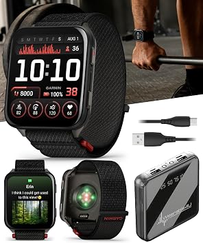 Garmin Venu X1 Thin and Lightweight GPS Smartwatch, AMOLED Display, Black with Slate Titanium Comfort Fit Nylon Band Power Bank Bundle