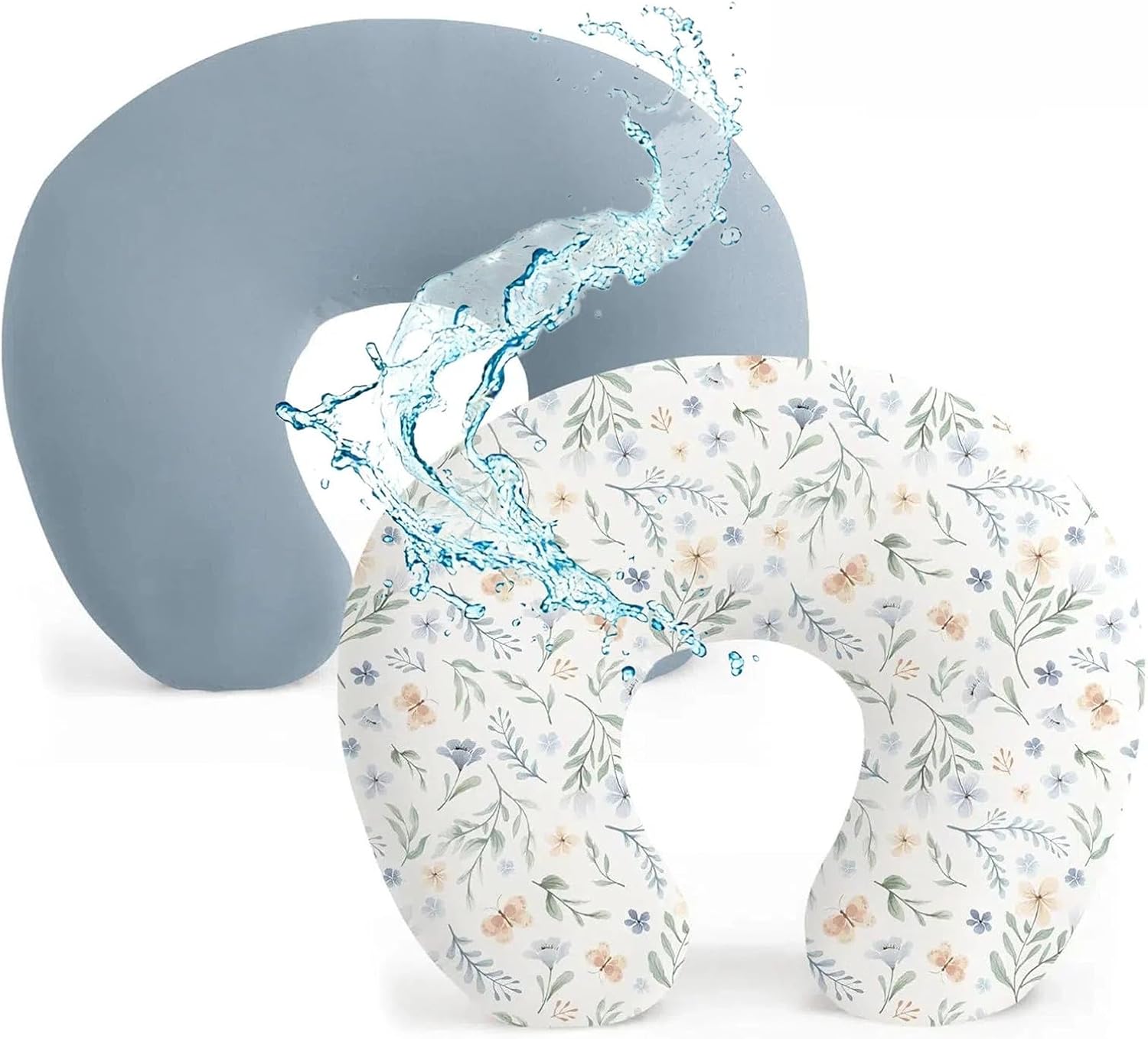Baby Waterproof Nursing Pillow Cover, Stretchy Nursing Covers for Breastfeeding Pillows, Adorable Infant Feeding Pillow Slipcover for Baby Boy and Girls (Blue + Blue Flower)