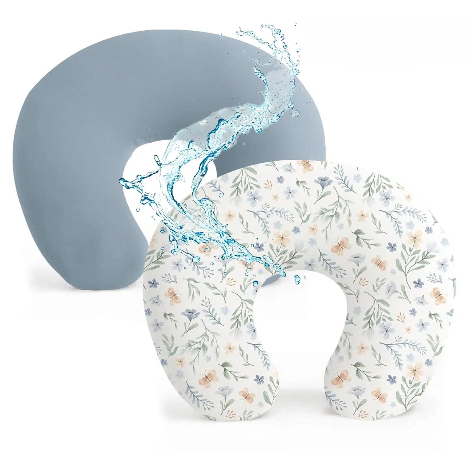 Baby Waterproof Nursing Pillow Cover, Stretchy Nursing Covers for Breastfeeding Pillows, Adorable Infant Feeding Pillow Slipcover for Baby Boy and Girls (Blue + Blue Flower)