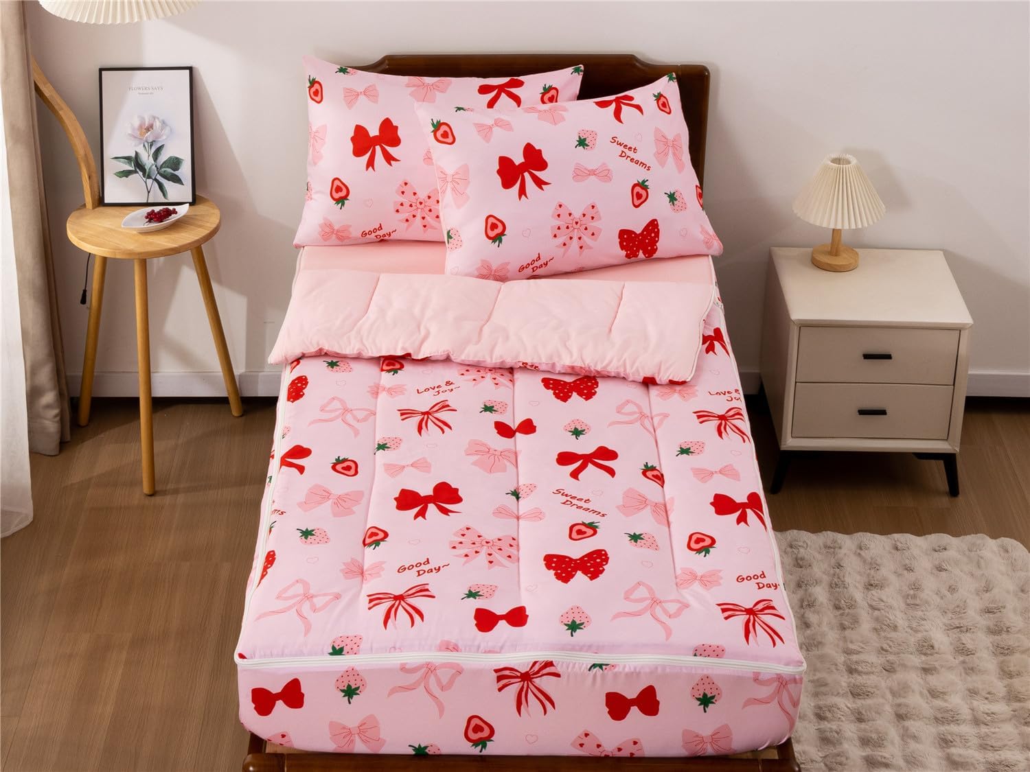 NTBED Strawberry Bow Printed Zipper Bedding Sets Twin for Kids Girls Lightweight Microfiber Butterfly Comforter Set with Fitted Sheet Pillow Covers,Pink