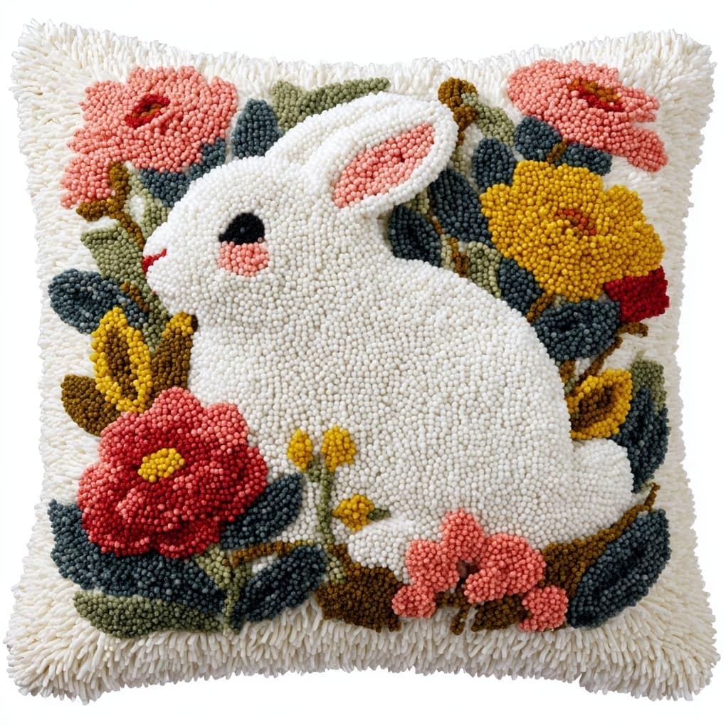 Henypt DIY Latch Hook Kit 43x43cm / 17x17 Inch,Rabbit in the Flower Bushes Complete Crochet Rug Kit with Yarns & Hook,Creative Needlework Gift for Family