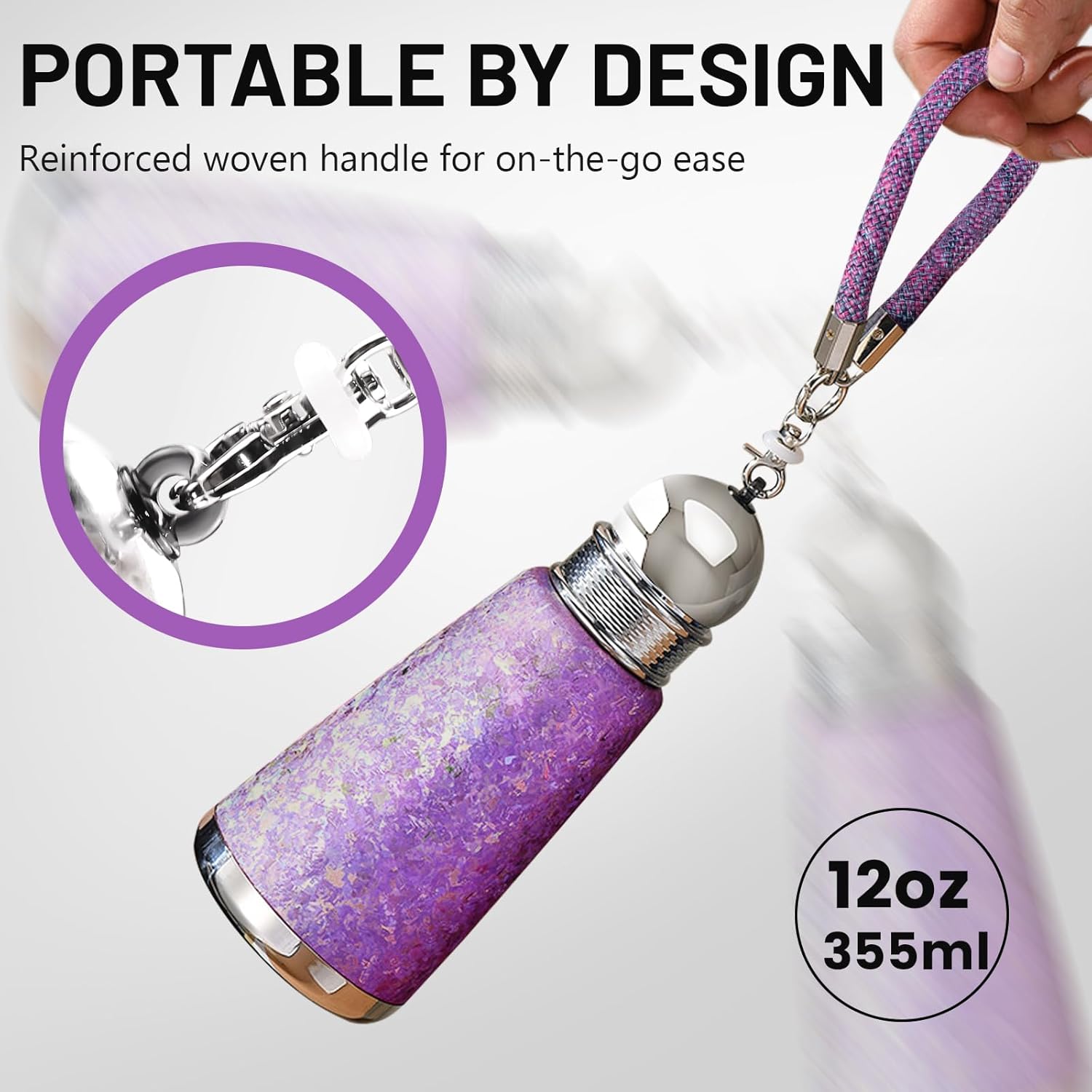 Pure Titanium Water Bottle,12 oz Frosted Purple Insulated Travel Coffee Mug Cup with Lid Straw Weaving Rope Handle Tumblers,Ultralight Leak-Proof Vaccum Camping Flask Keep Cold 12H Hot 12H