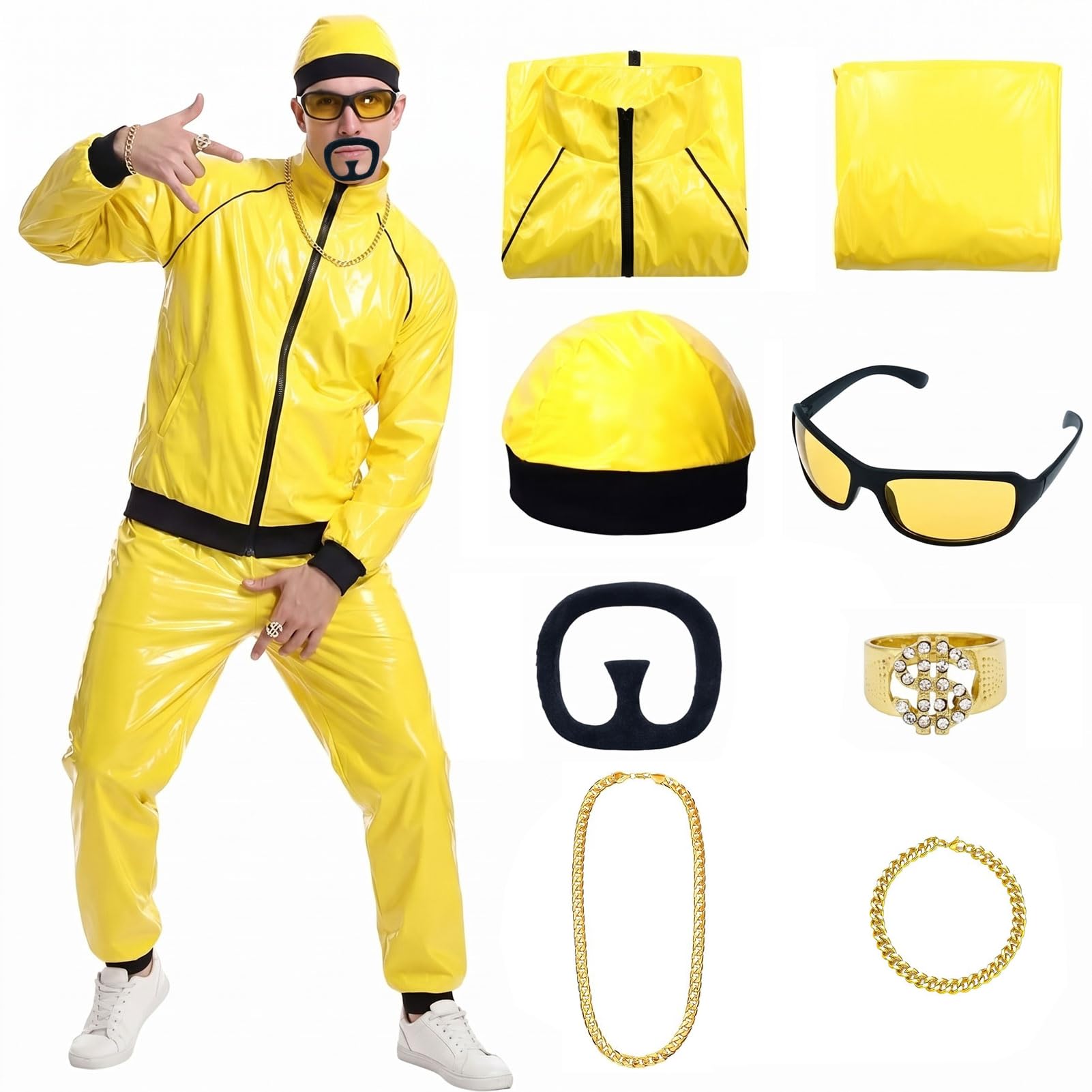 Crittygo Ali g Costume Adult, 90s Fancy Dress Costume for Men, Rapper Celebrity Costumes with Hat Necklace Glasses Beard, Funny Yellow Fancy Dress for Halloween & Stag Do