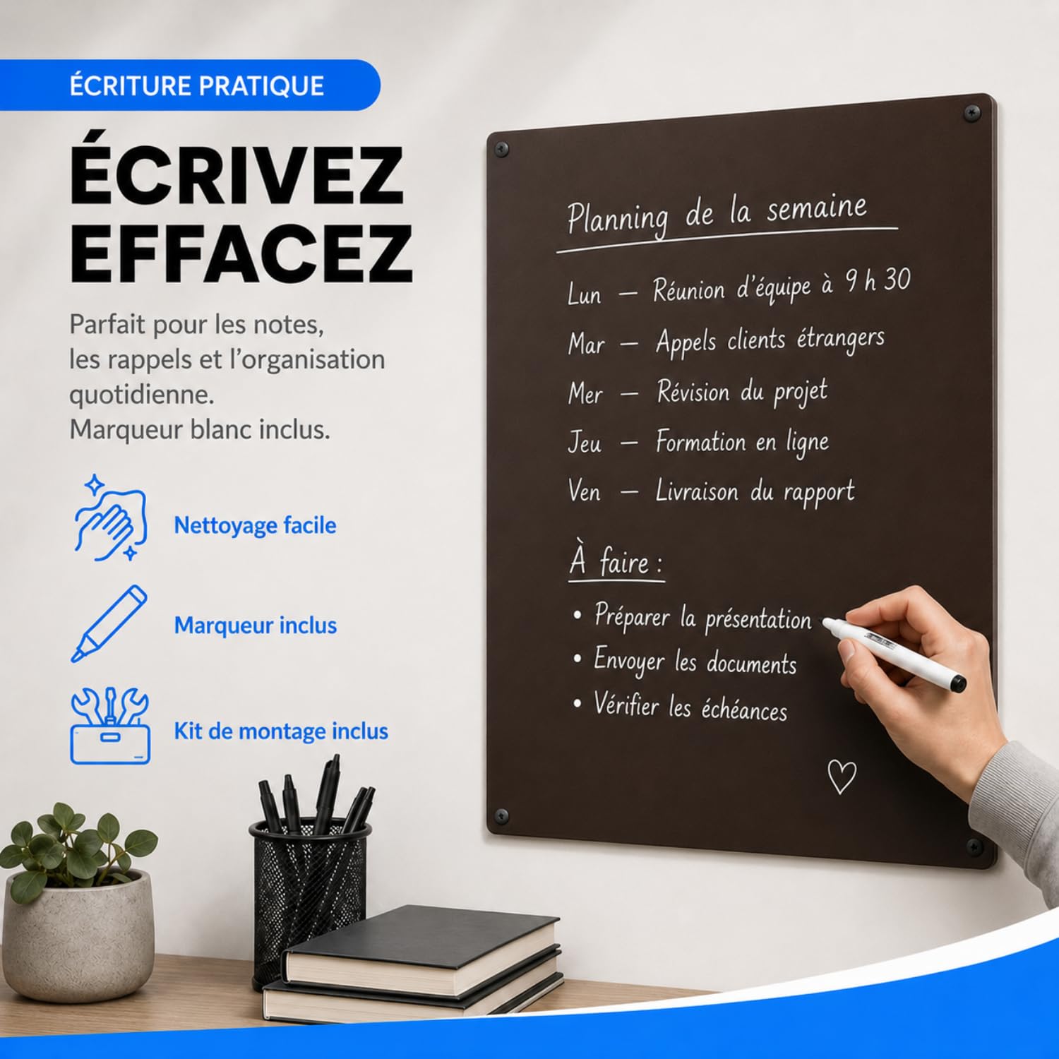 Tableau magnétique mural en acier 60 x 44 inscriptible avec marqueur (marron)