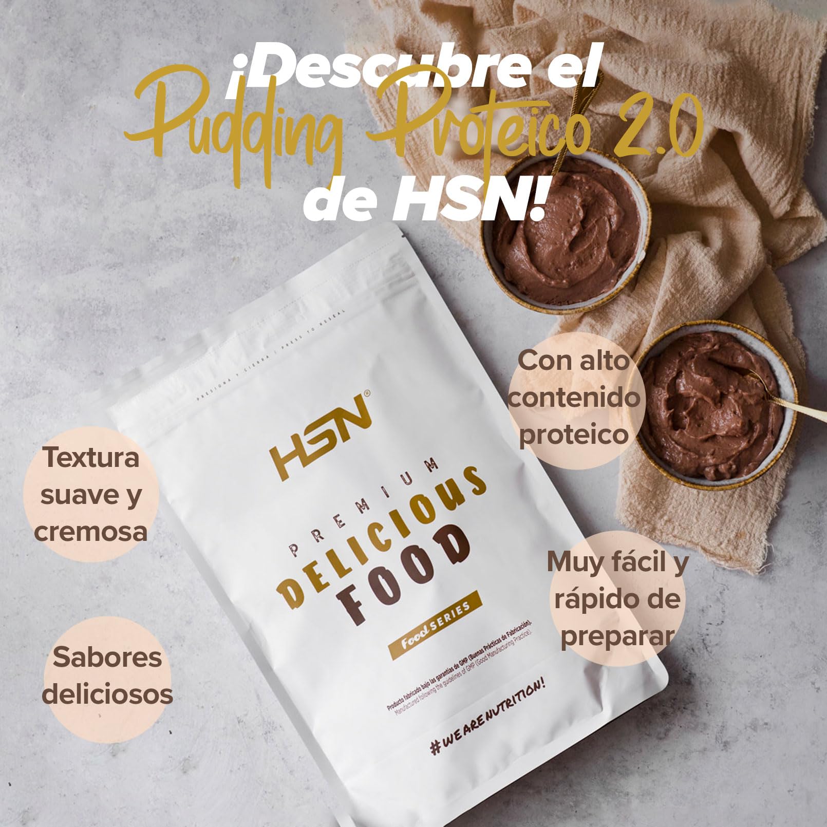 Pudding Proteico 2.0 HSN 500g Natillas Alto en Proteínas Sin Gluten Vegetariano