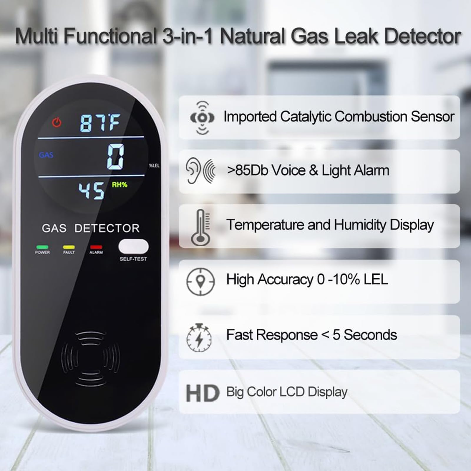 FLUNGSKY 3-in-1 Combustible Gas Detector with Temperature and Humidity Display, Plug-in Portable Combustible Gas Leak Alarm,Natural Propane Gas Detector for Kitchen,Living Room,Bedroom. 2