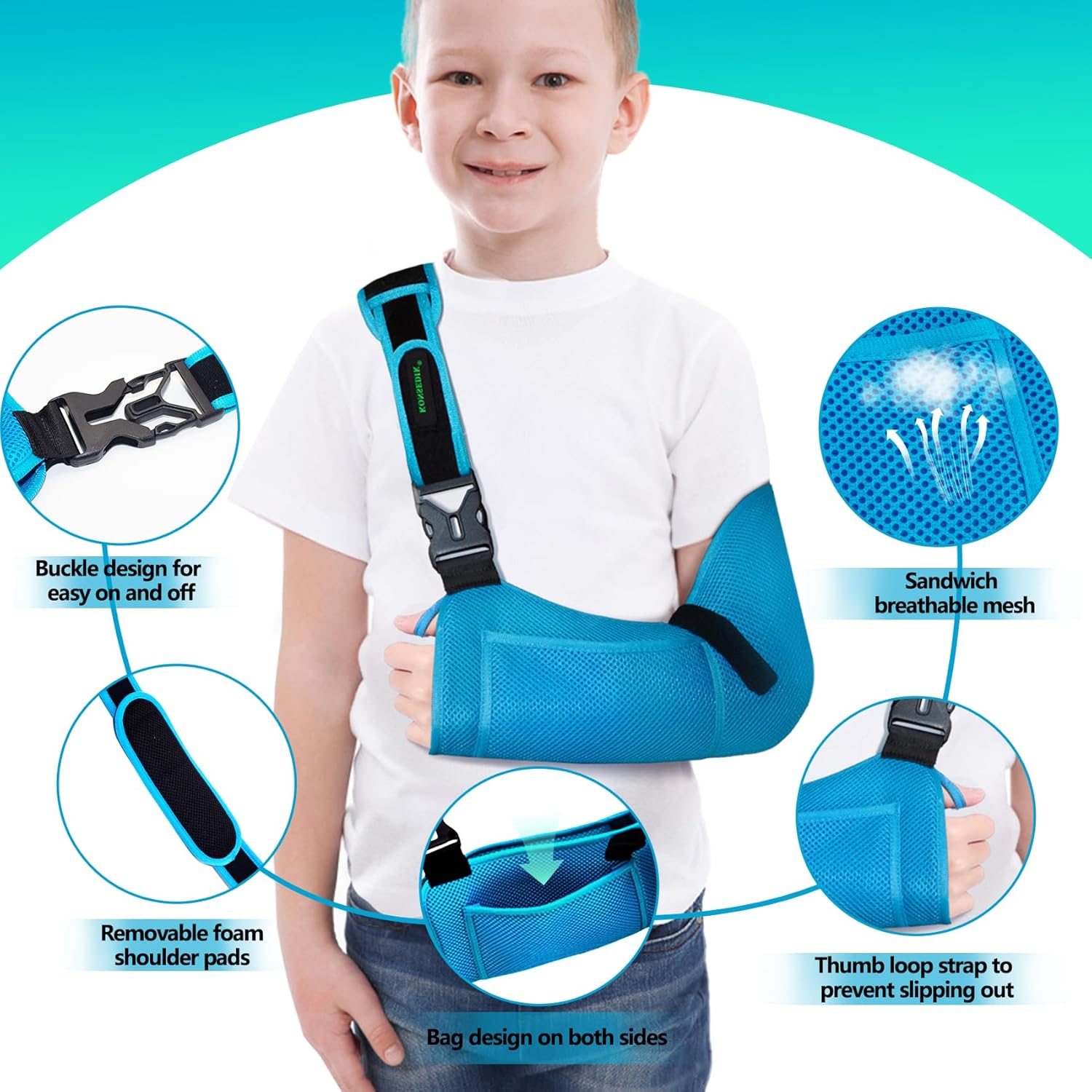 Arm Sling for Kids - Adjustable Breathable Shoulder Immobilizer with Pockets,Supports Rotator Cuff Injury,Wrist,Elbow,Clavicle Fracture Recovery,Post-Surgery Sling for Left or Right Arm(Blue,X-Small) - Image 2