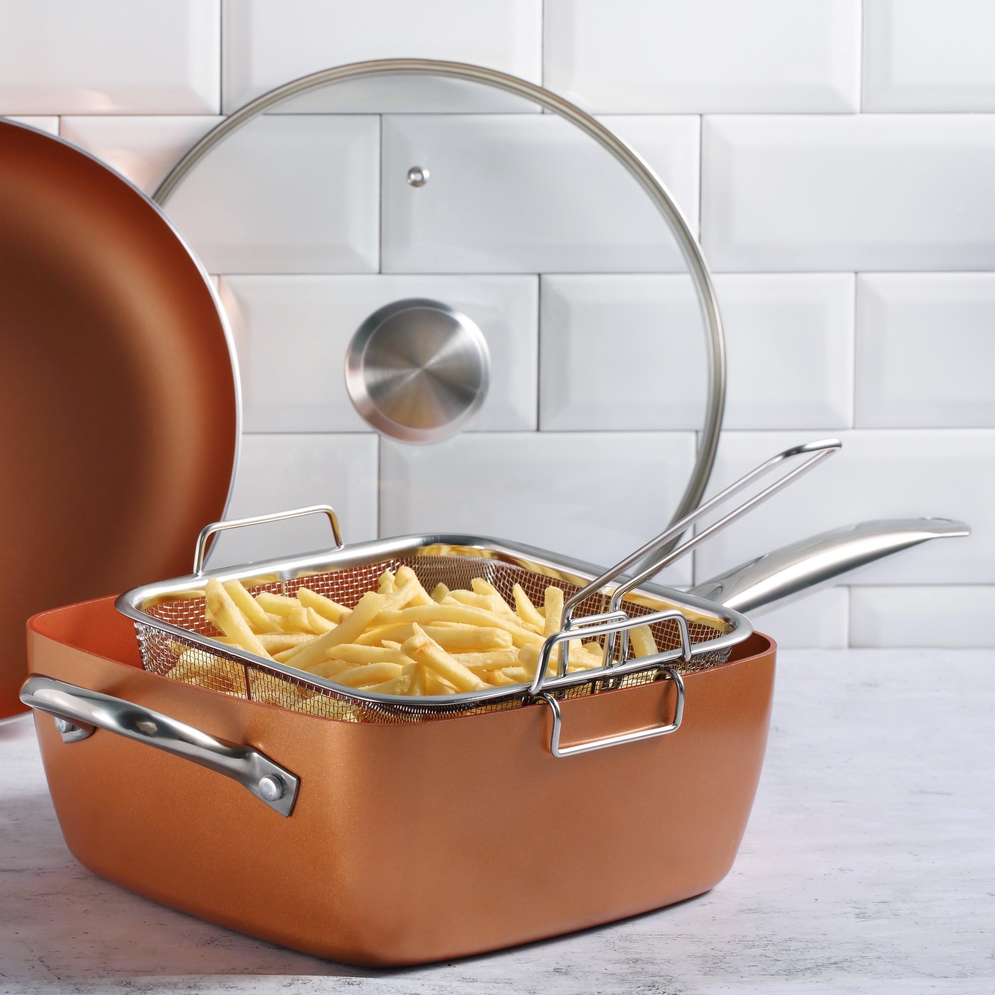 San Ignacio Optimum Copper | Sartén Antiadherente Cuadrada de 24 cm con Cesta de Freír | 5 funciones en 1 | Fabricada con Aluminio Prensado | Revestimiento Multiclad | Todo Tipo de Cocinas