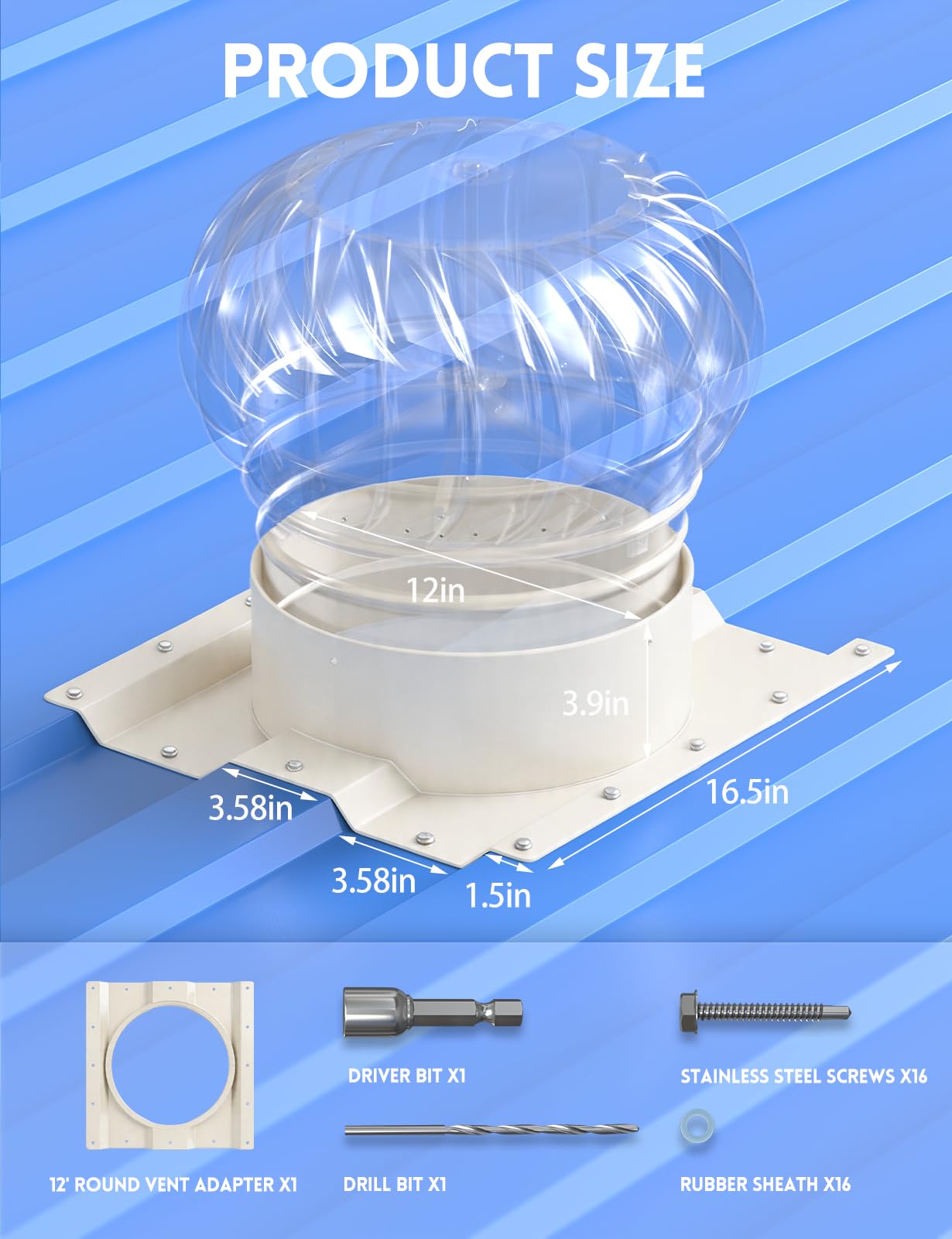 Adaptateur d'évent de turbine de toit Whirlybird de 30,5 cm, adaptateur d'aération de toit ondulé, conçu pour conteneur Conex, convient pour bouchon de cheminée rond de 30,5 cm, grille d'aération