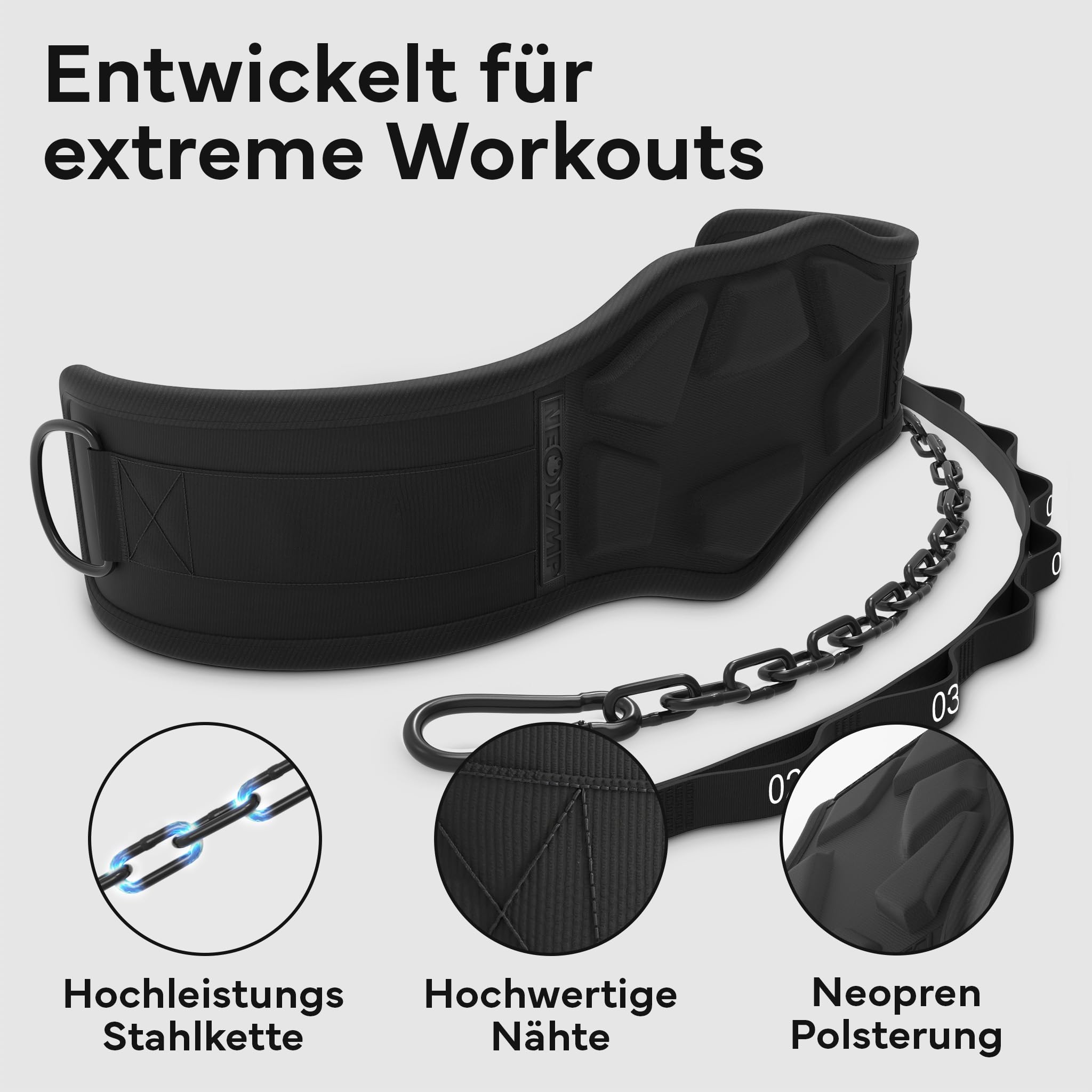 NEOLYMP Dip Gürtel – Premium Gewichthebergürtel mit Kette & 3 Karabinern für Dips, Klimmzüge & Krafttraining – Hohe Belastbarkeit bis 1.000 kg – Ergonomisches Design & Neopren-Komfort für Calisthenics