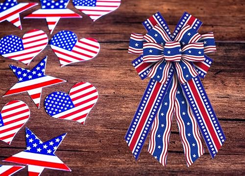 Patriotic Wired Edge Ribbons 2.5" 10 Yards, White Red Blue Wired Ribbon Patriotic Star Fabric Craft Ribbon Stripe Wrapping Ribbon For Holiday Party Diy Craft 4Th Of July Decoration Wreaths Bow #TOP2