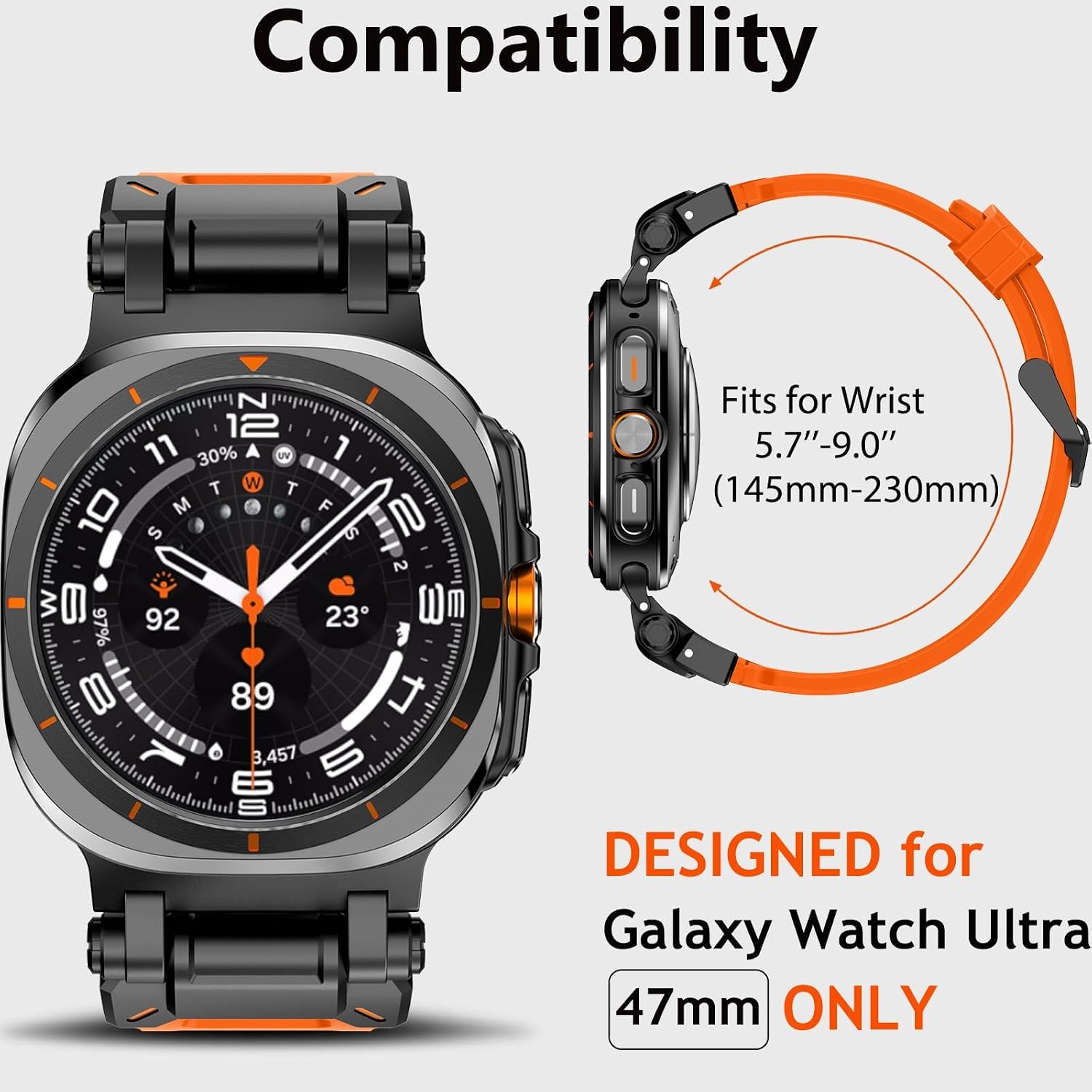 WINGLE FKM Rubber Band for Galaxy Watch Ultra Bands 47mm 2025/2024 Men Sport Durable Silicone Rubber Bands, Armor Military Rugged Samsung Galaxy Watch Ultra Band with Stainless Steel Metal Connector