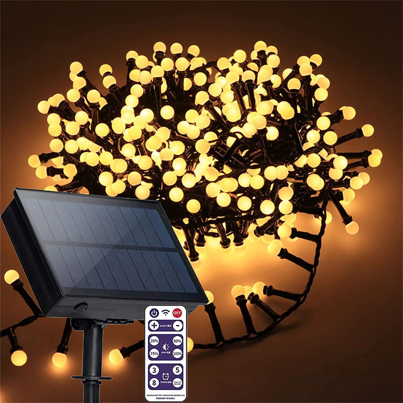 DINOWIN Solar LED Cluster Lights with Remote 5M 250LED Christmas Garland Fairy Lights Waterproof 8 Modes Garden Decorative Lights for Wedding Party Tree Yard (Warm White)