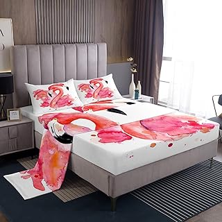 Erosebridal Pink Flamingo Queen Sheet Set Kids 4-Piece Sheets,Tropical Animal Decorations Bed Sheets Red Watercolor Fitted Sheet,White Bedroom Decor Flamingos Gifts for Women Breathable Soft