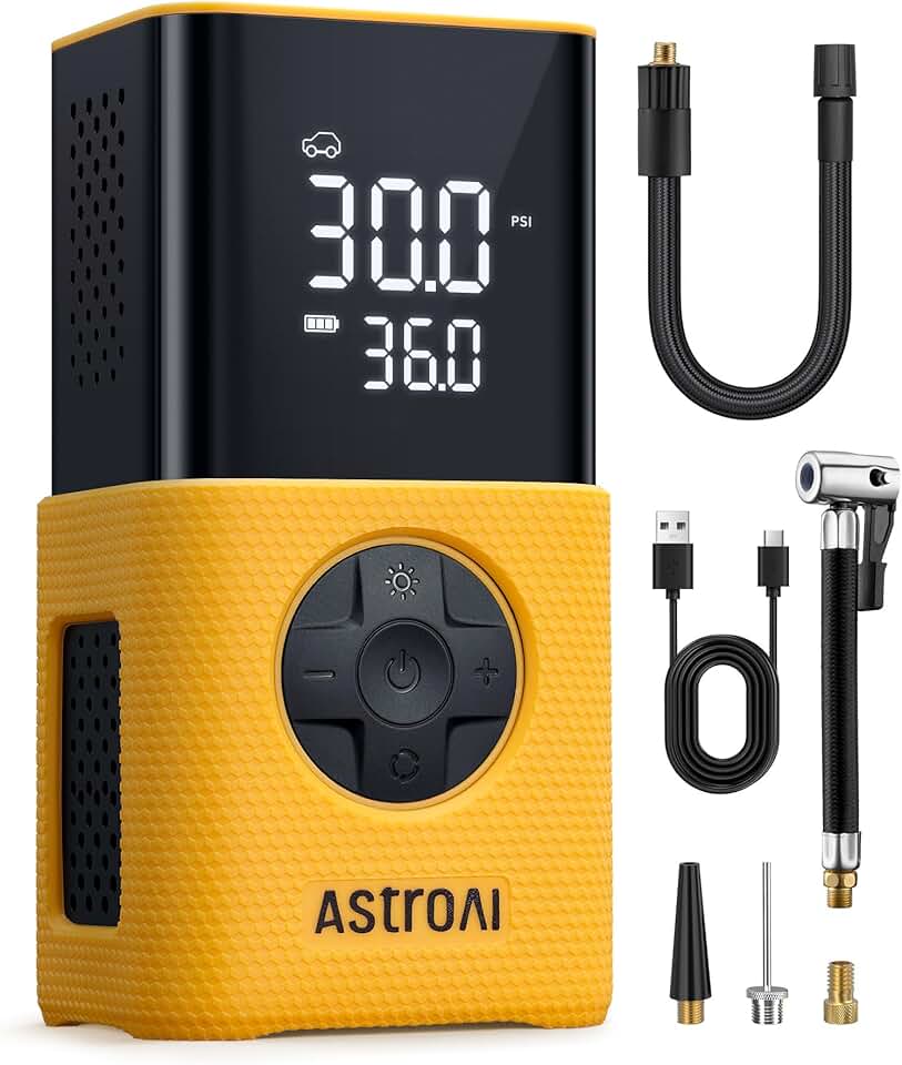 AstroAI Compresor de aire inflador de neumáticos de coche, bomba eléctrica portátil recargable por USB, 150 PSI, bomba de neumáticos con manómetro digital de doble valor, para coche, bicicleta
