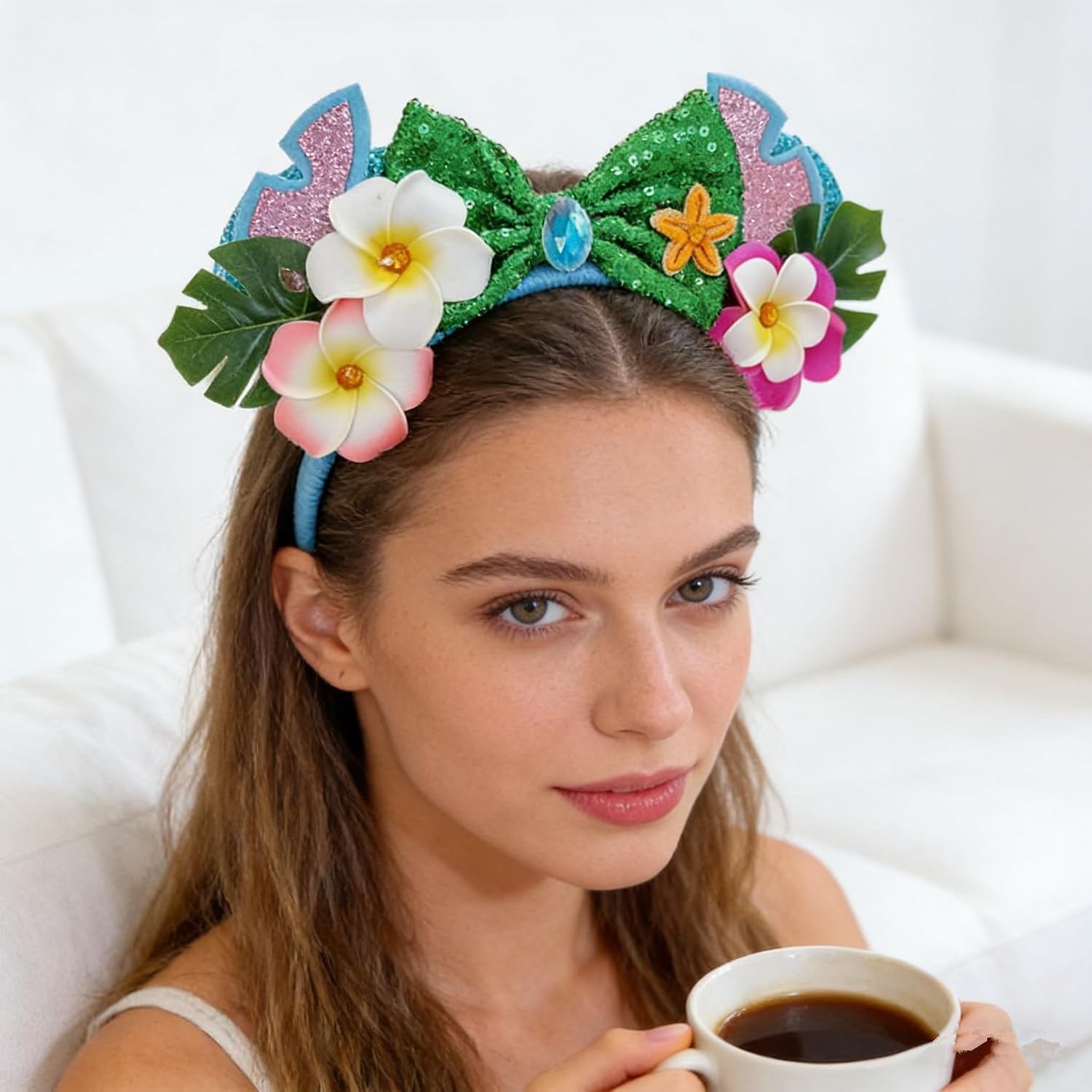 YOWOCAL Flower Mouse Ear Headband,Sequin Mouse Ear Hair hoop for Hawaii Ocean Luau Party Halloween Costume Cosplay Decor